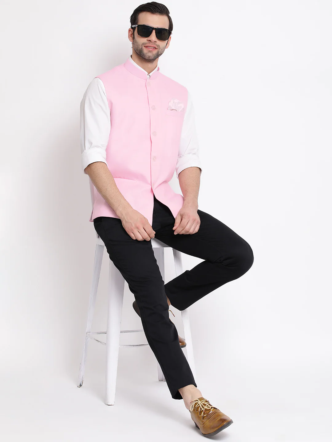 Men's Pink Solid Classic Royal Cotton Blend Nehru Jacket - Image 5