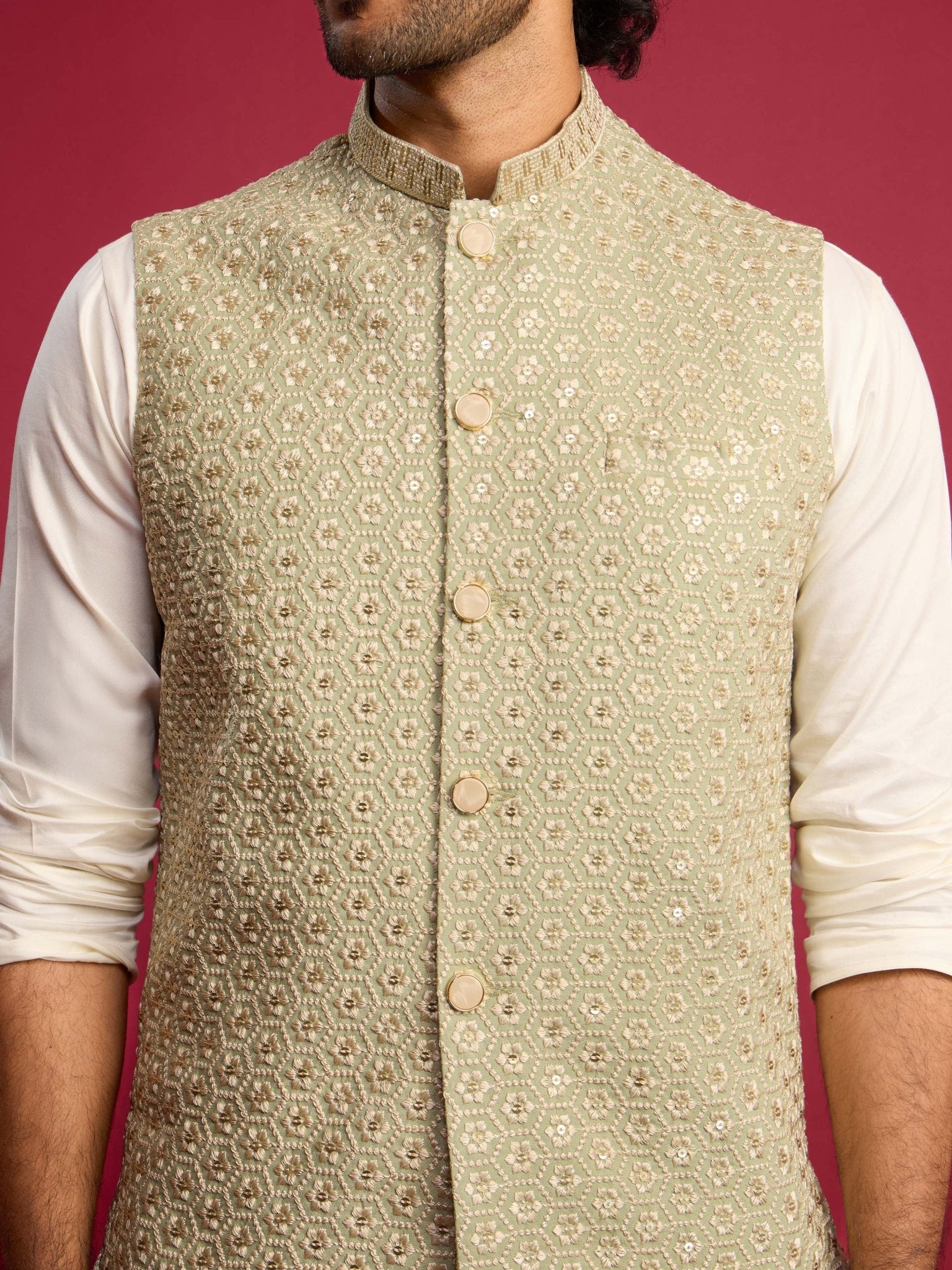 Men's Pista Green Sequin & Thread Embroidered Nehru Jacket with Cream Satin Kurta & Pants Set - Image 2