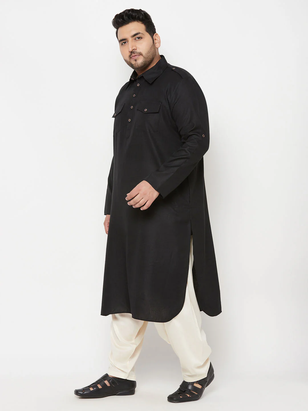 Men's Plus Size Black And Cream Cotton Blend Pathani Set - Image 2