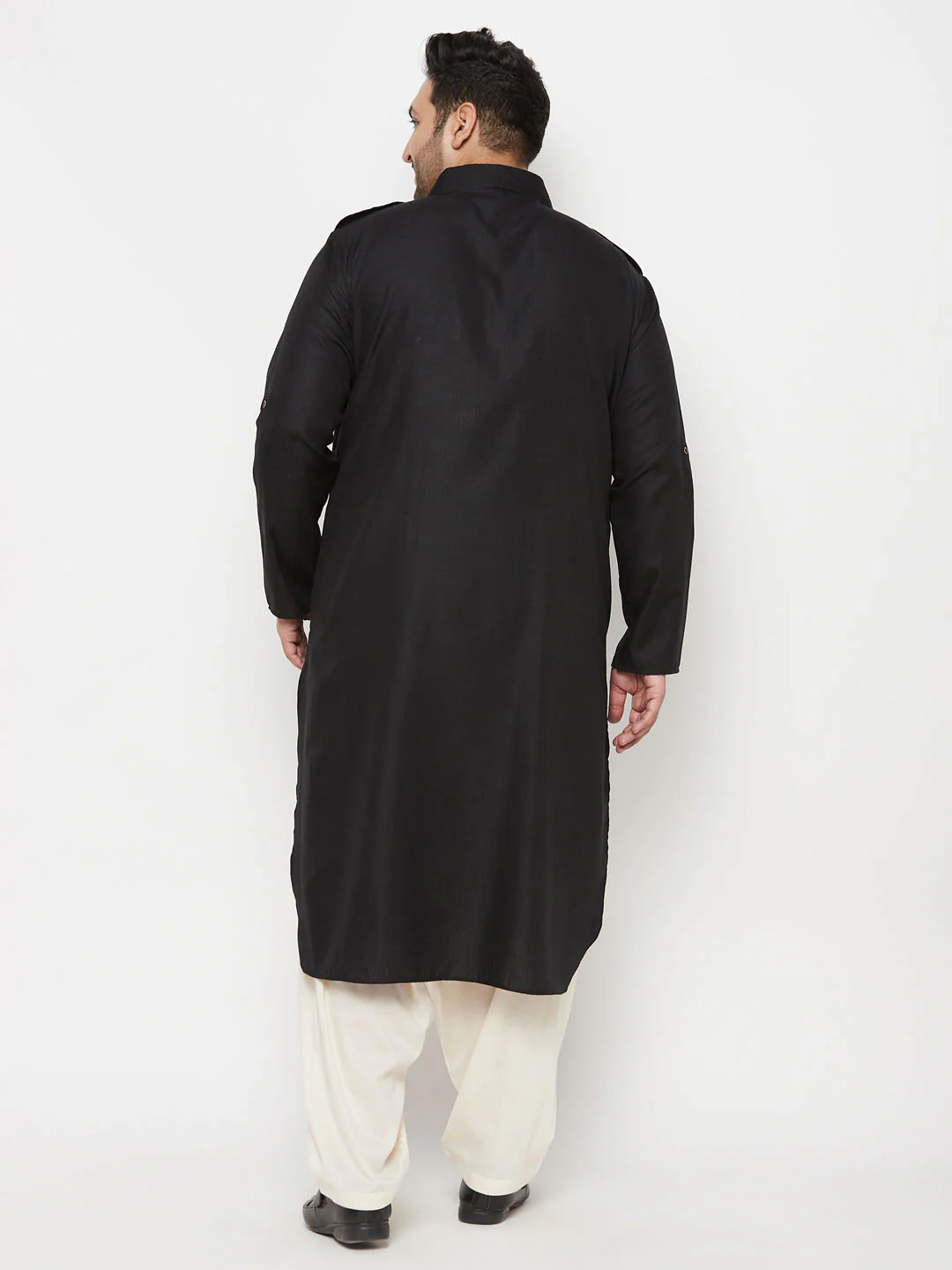 Men's Plus Size Black And Cream Cotton Blend Pathani Set - Image 3