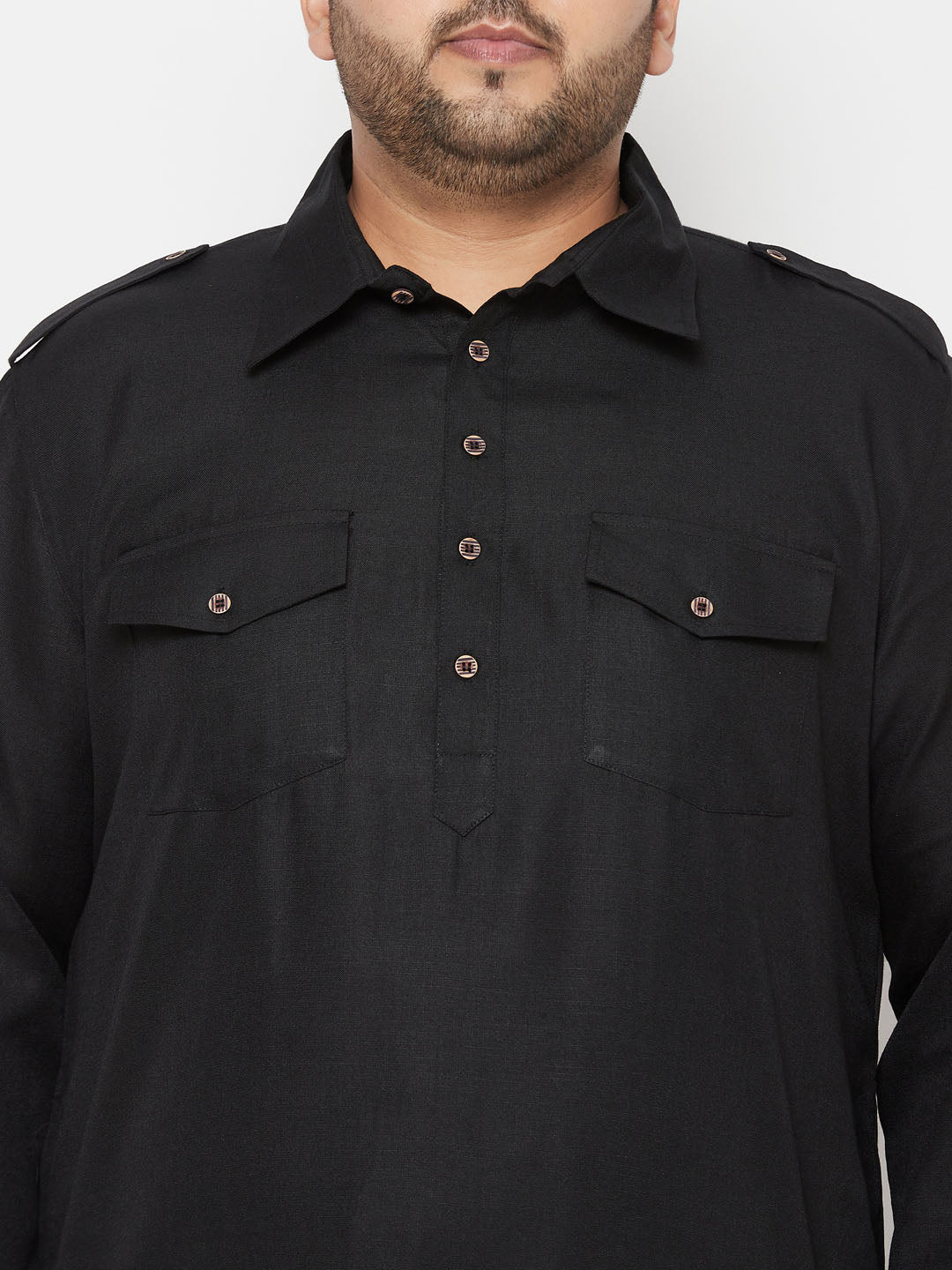 Men's Plus Size Black And Cream Cotton Blend Pathani Set - Image 4