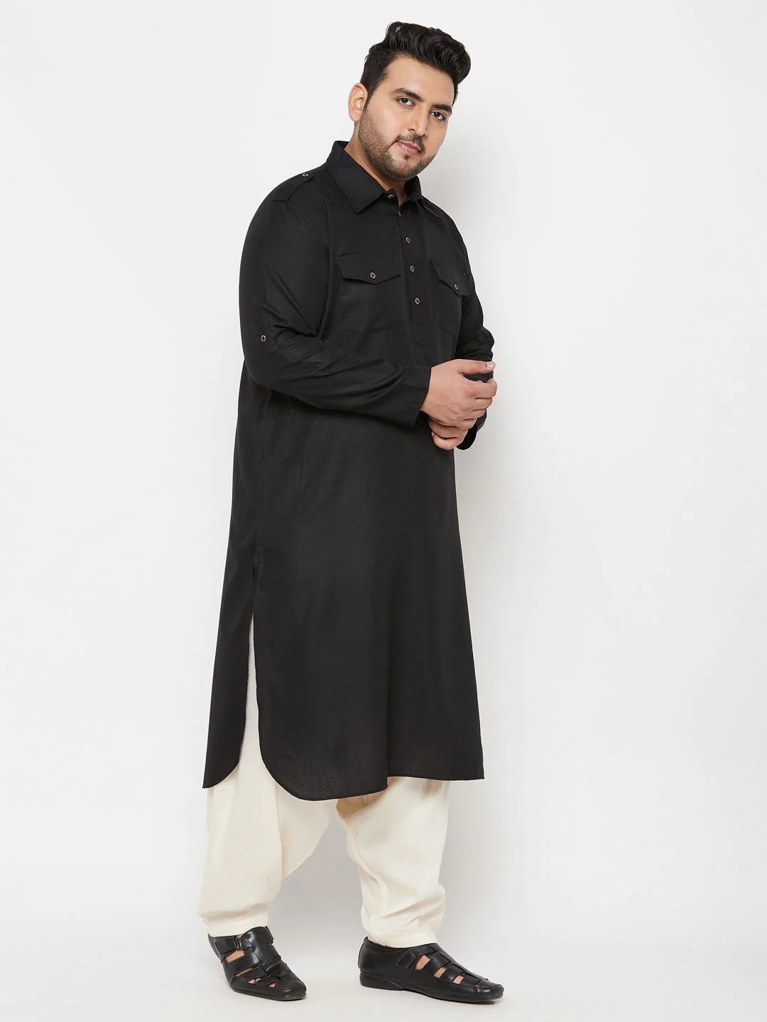 Men's Plus Size Black And Cream Cotton Blend Pathani Set - Image 7