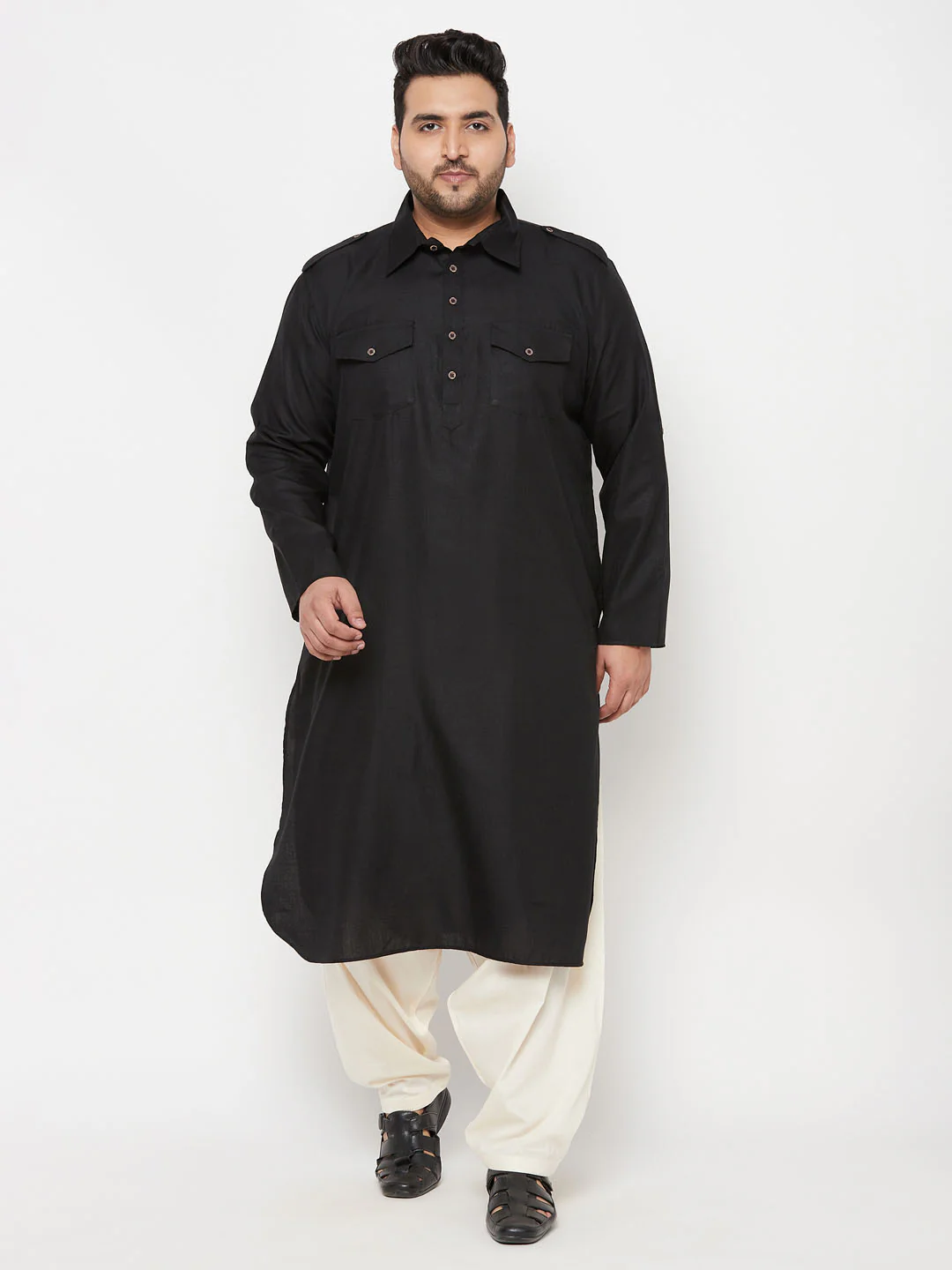 Men's Plus Size Black And Cream Cotton Blend Pathani Set - Image 8