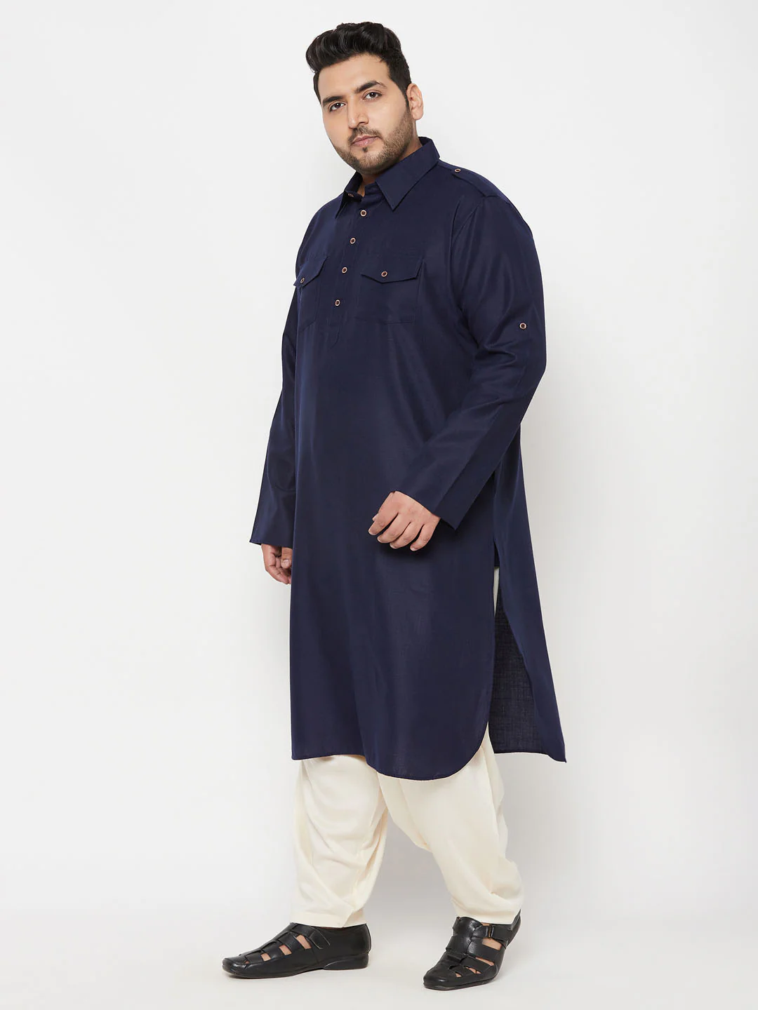 Men's Plus Size Blue And Cream Cotton Blend Pathani Set - Image 2