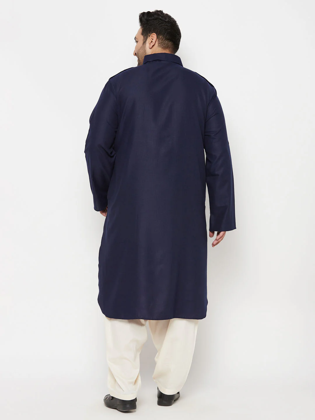 Men's Plus Size Blue And Cream Cotton Blend Pathani Set - Image 3