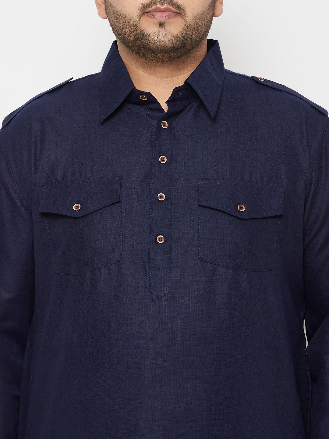 Men's Plus Size Blue And Cream Cotton Blend Pathani Set - Image 4