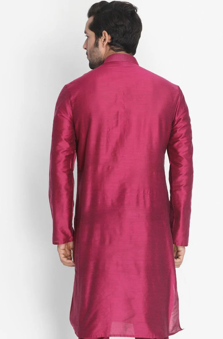 Men's Fuchsia Cotton Silk Blend Kurta - Image 4