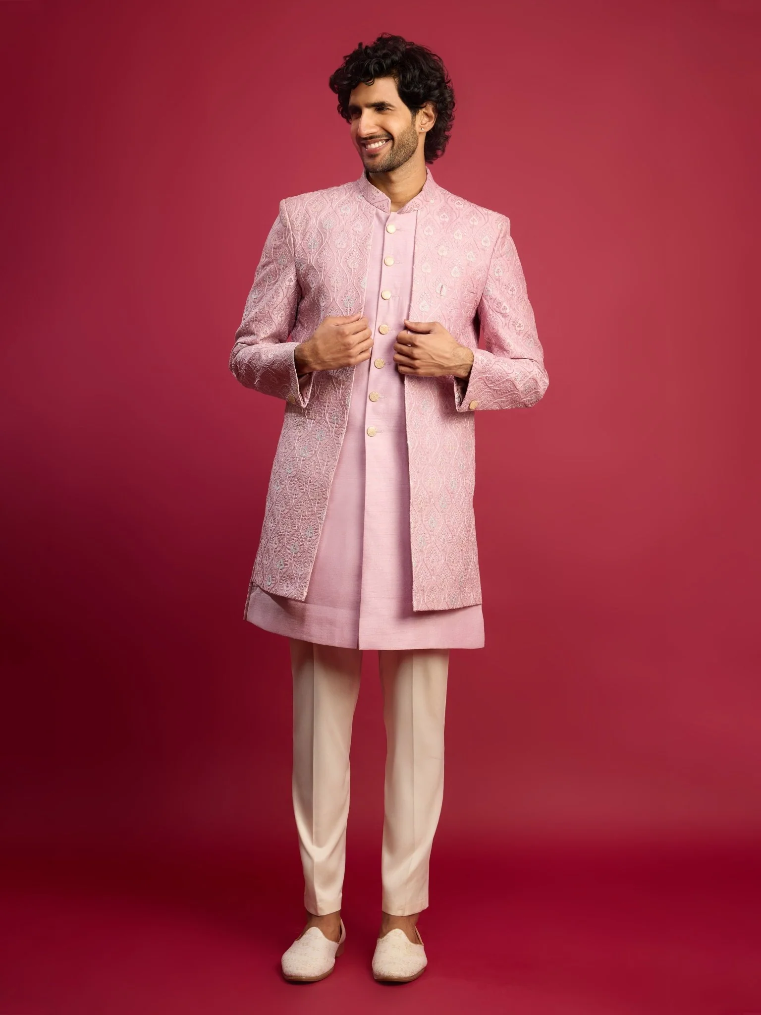 Men's Purple Embroidered Silk Blend Indo-Western with Cream Pant Style Pyjama - Image 3