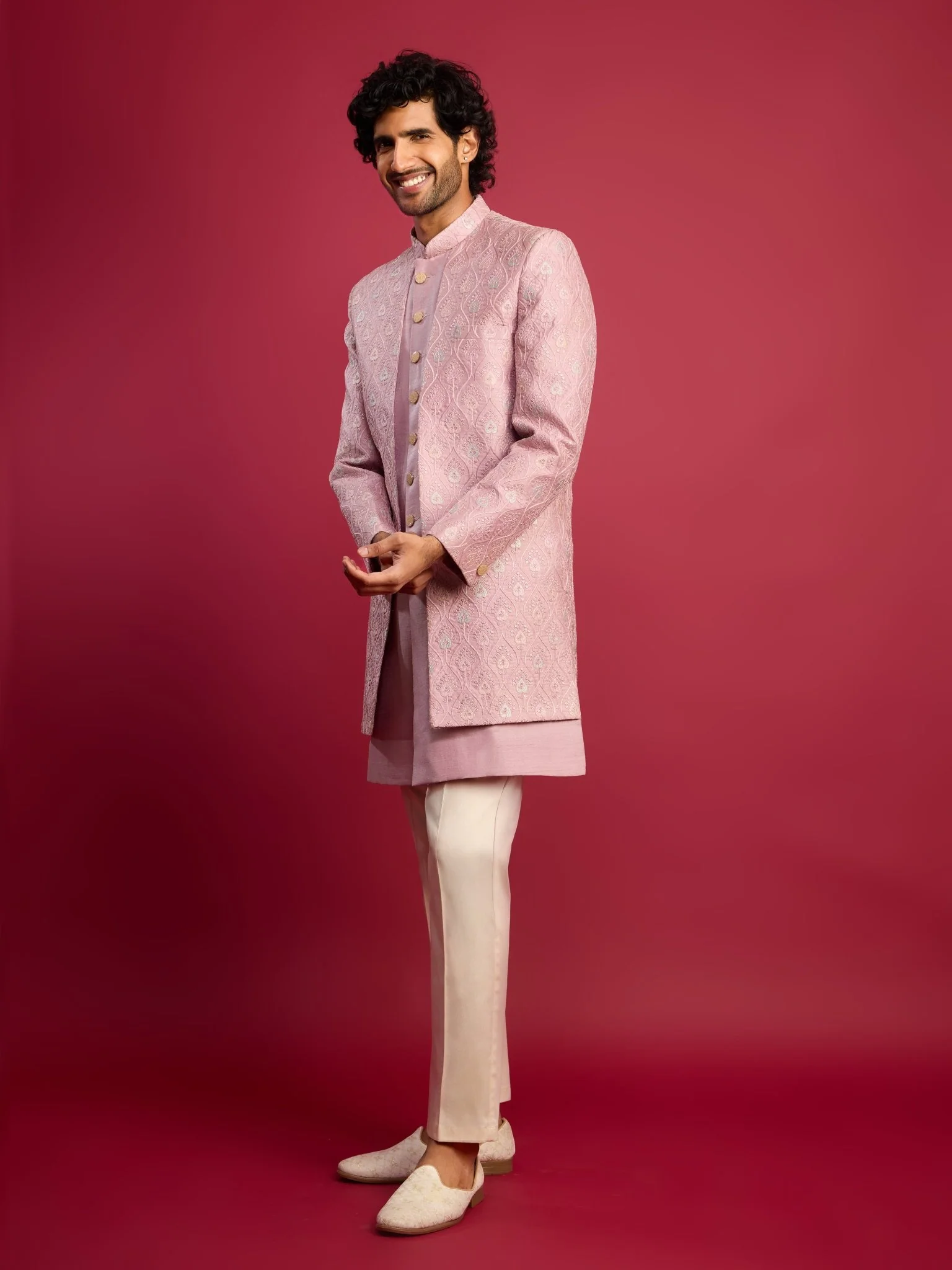 Men's Purple Embroidered Silk Blend Indo-Western with Cream Pant Style Pyjama - Image 4