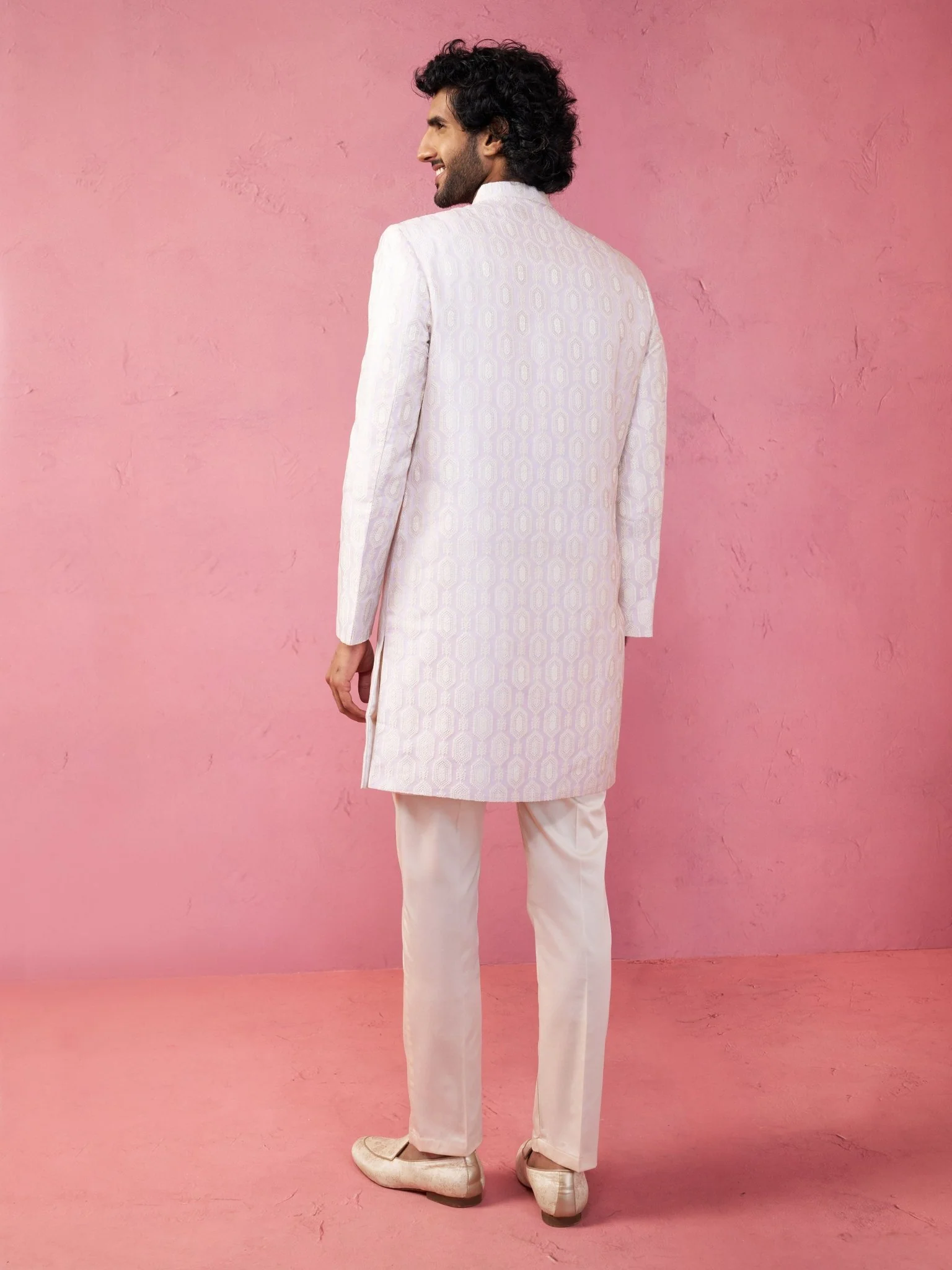Men's Purple Jacquard Indo-Western Kurta with Cream Trousers - Image 5