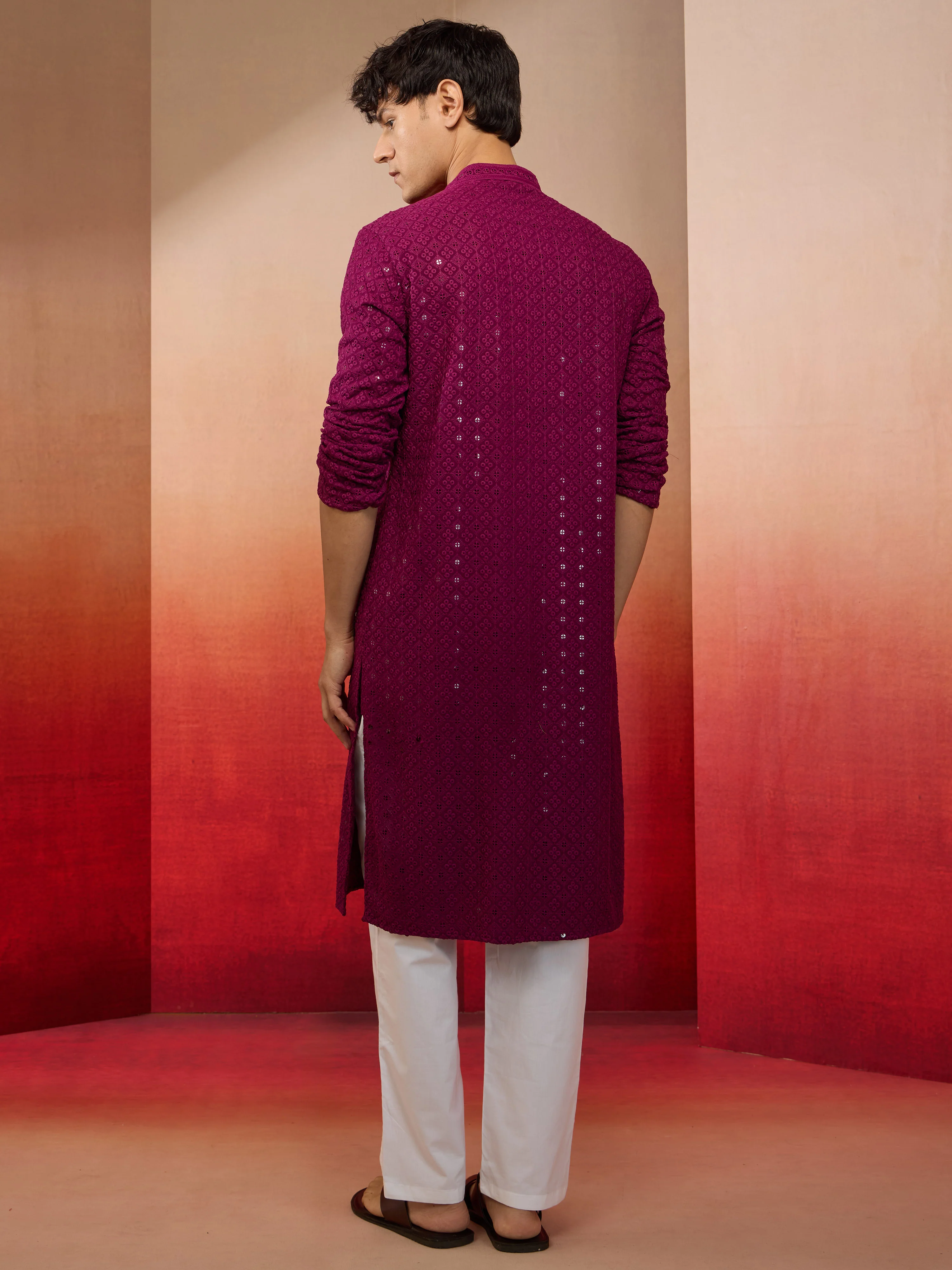 Men's Purple Rayon Sequin Embroidered Kurta with White Trousers - Image 5