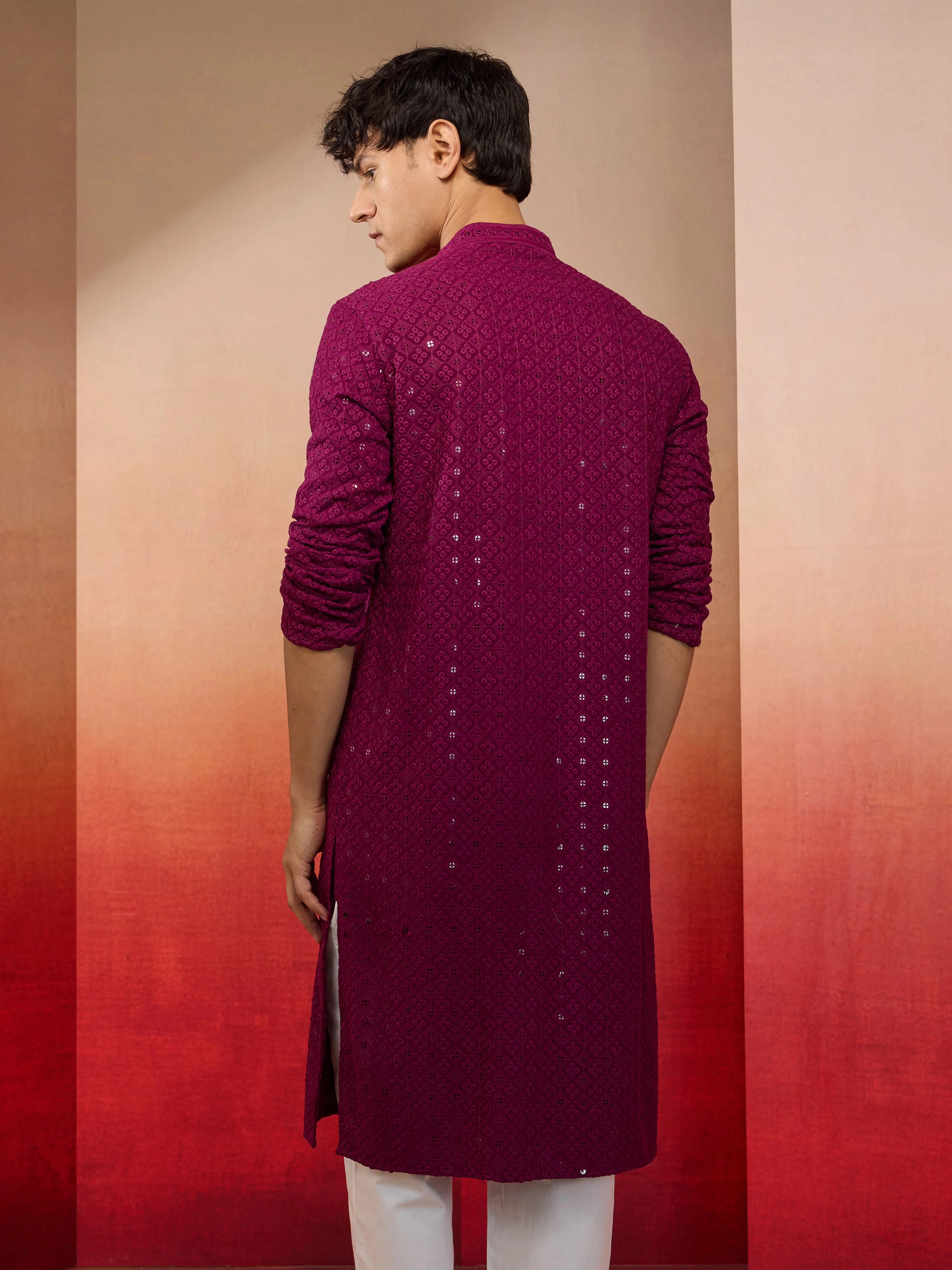 Men's Purple Sequin Embroidered Long Kurta - Image 5