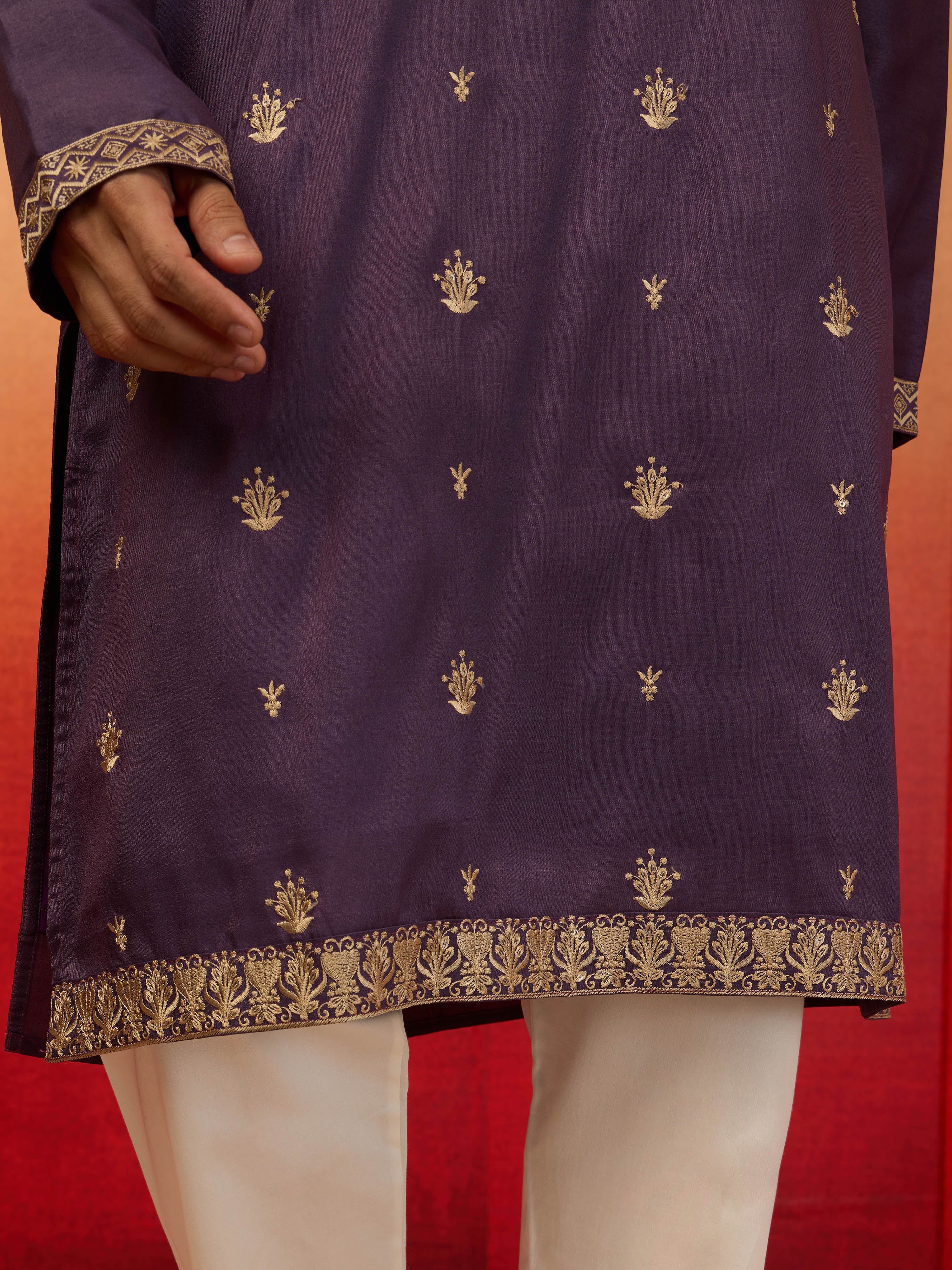 Men's Purple Silk Blend Resham Embroidered Kurta with Cream Pyjama - Image 6