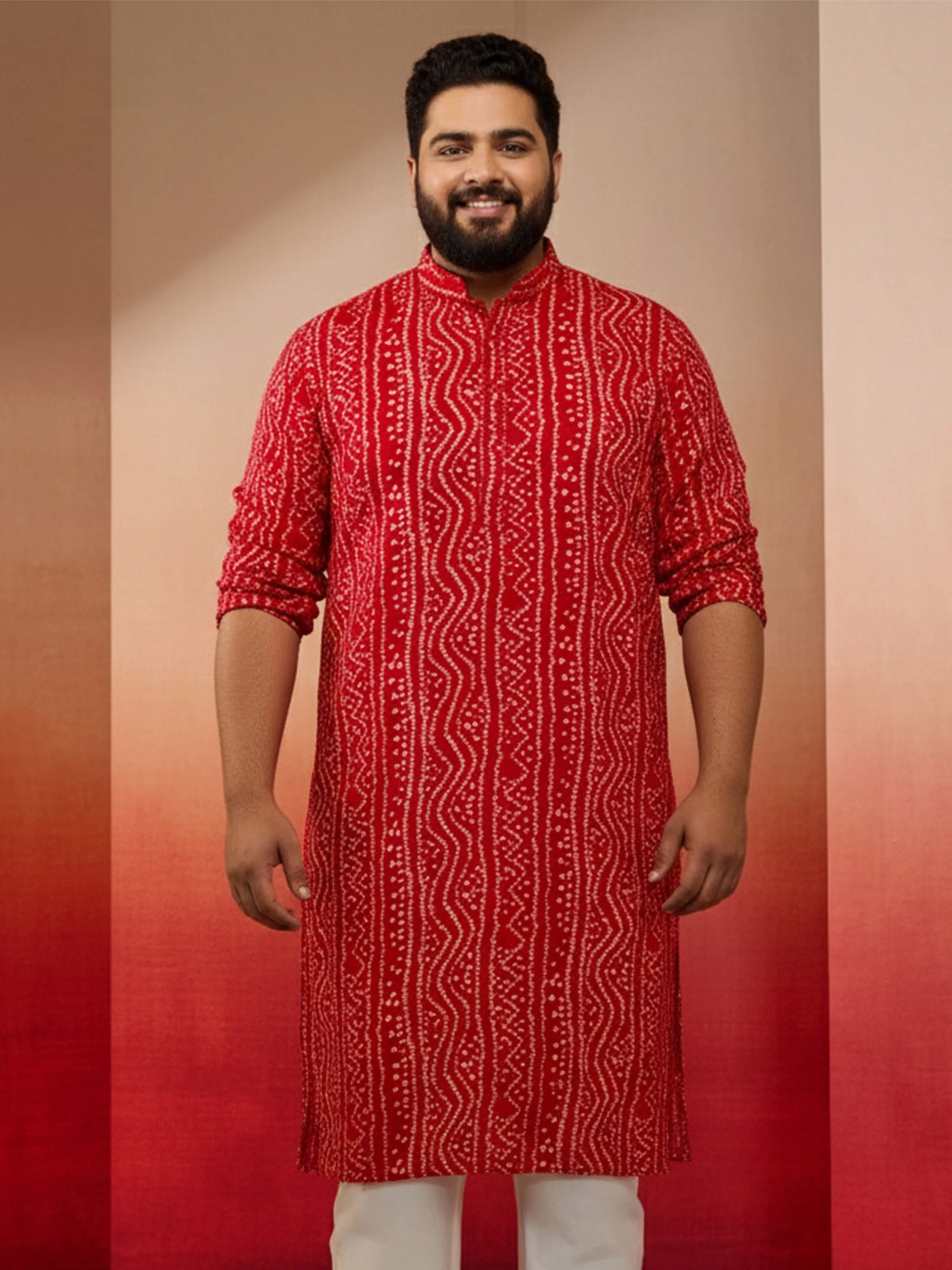 Men's Plus Red Bandhani Kurta - Image 3