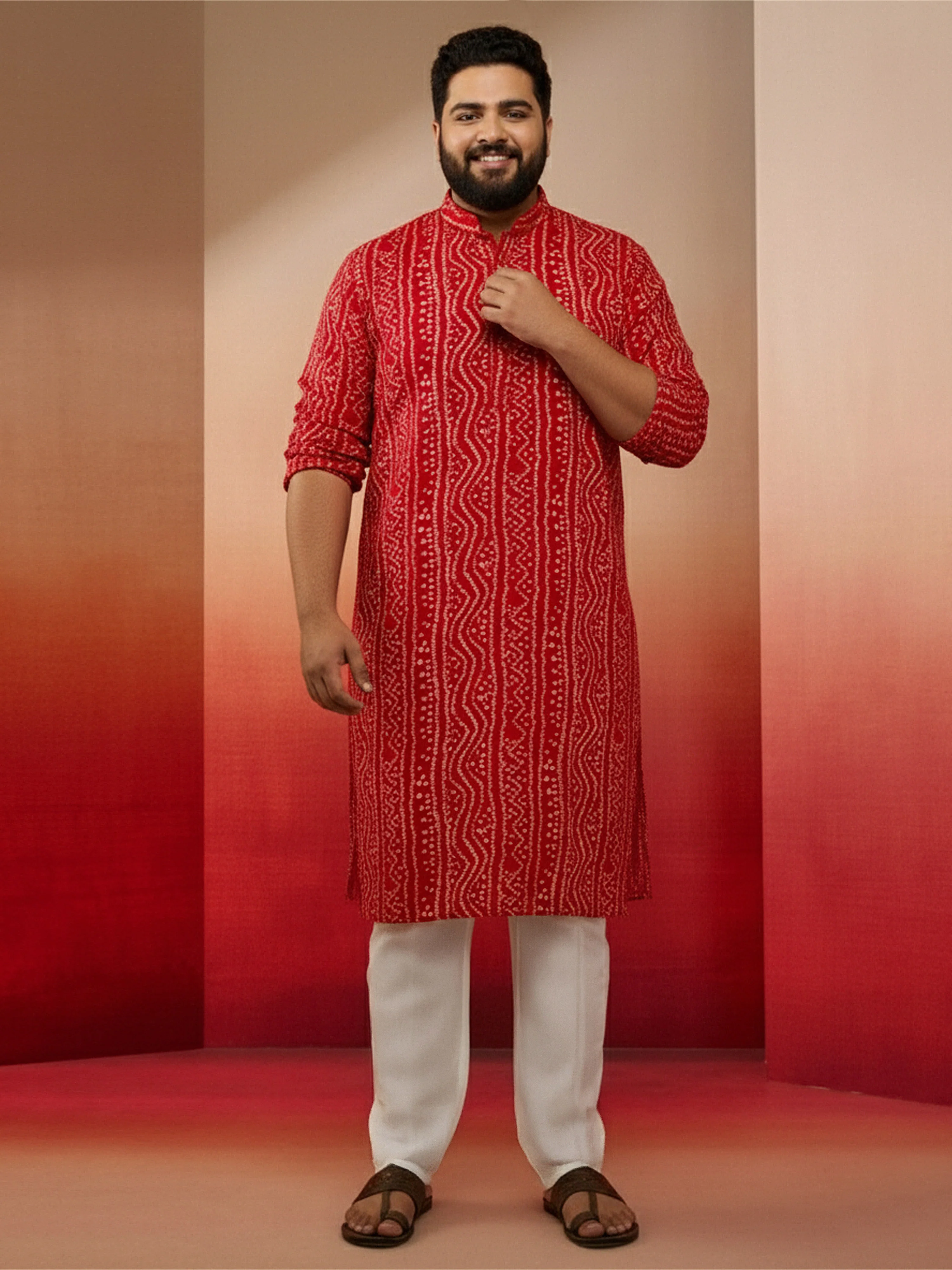 Men's Plus Red Bandhani Kurta - Image 5