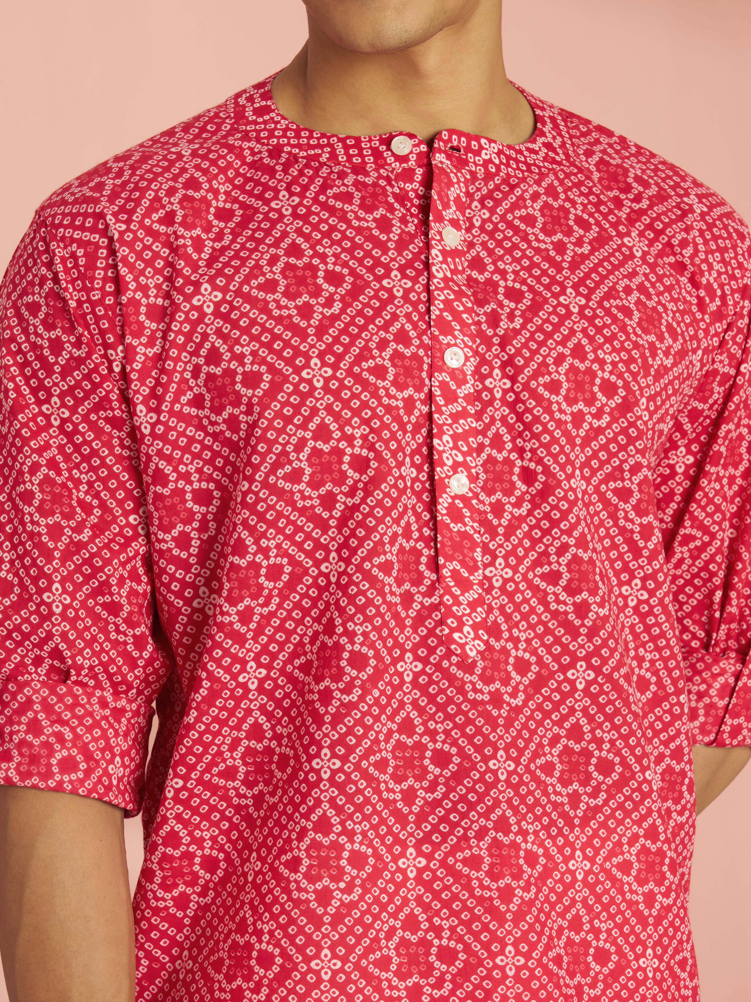 Men's Red Bandhani Printed Kurta with Cream Wide Leg Pant Set - Image 2