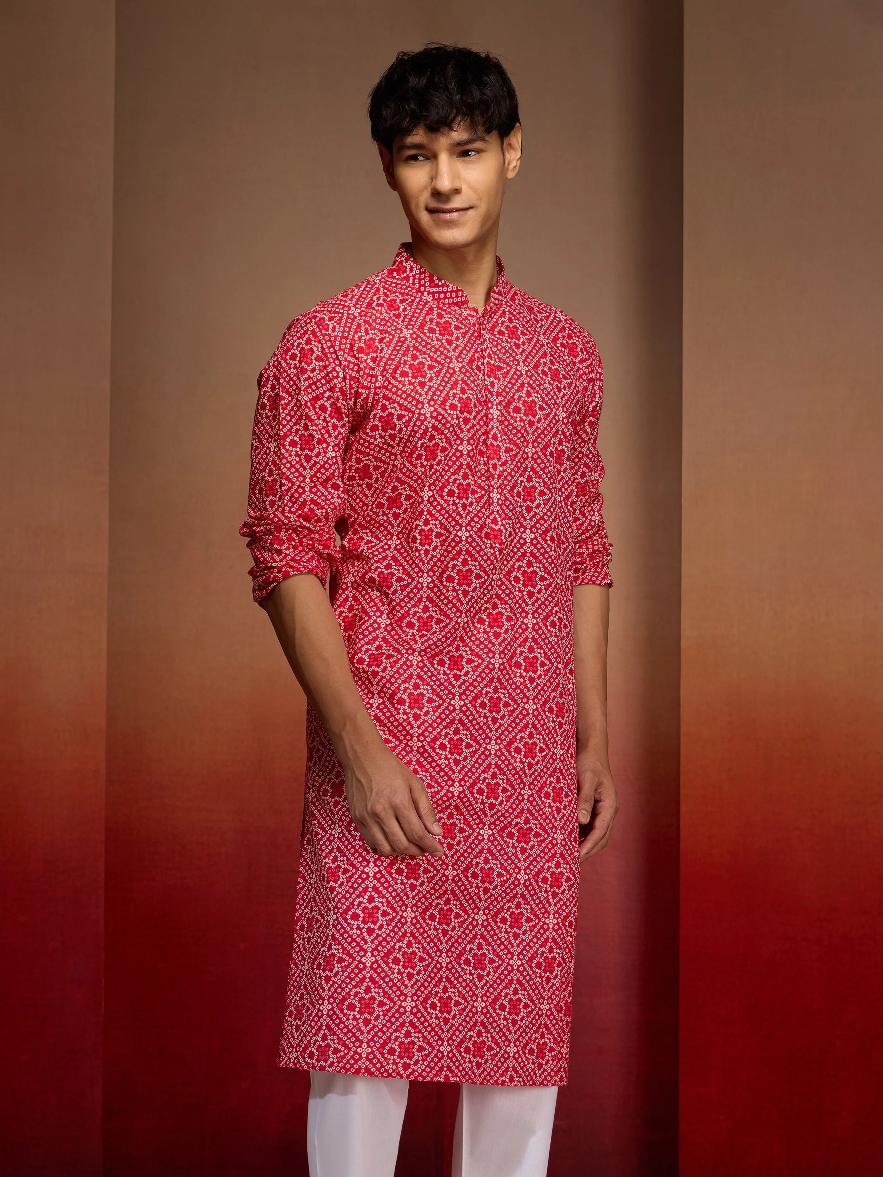 Men's Red Cotton Cambric Bandhani Kurta - Image 4