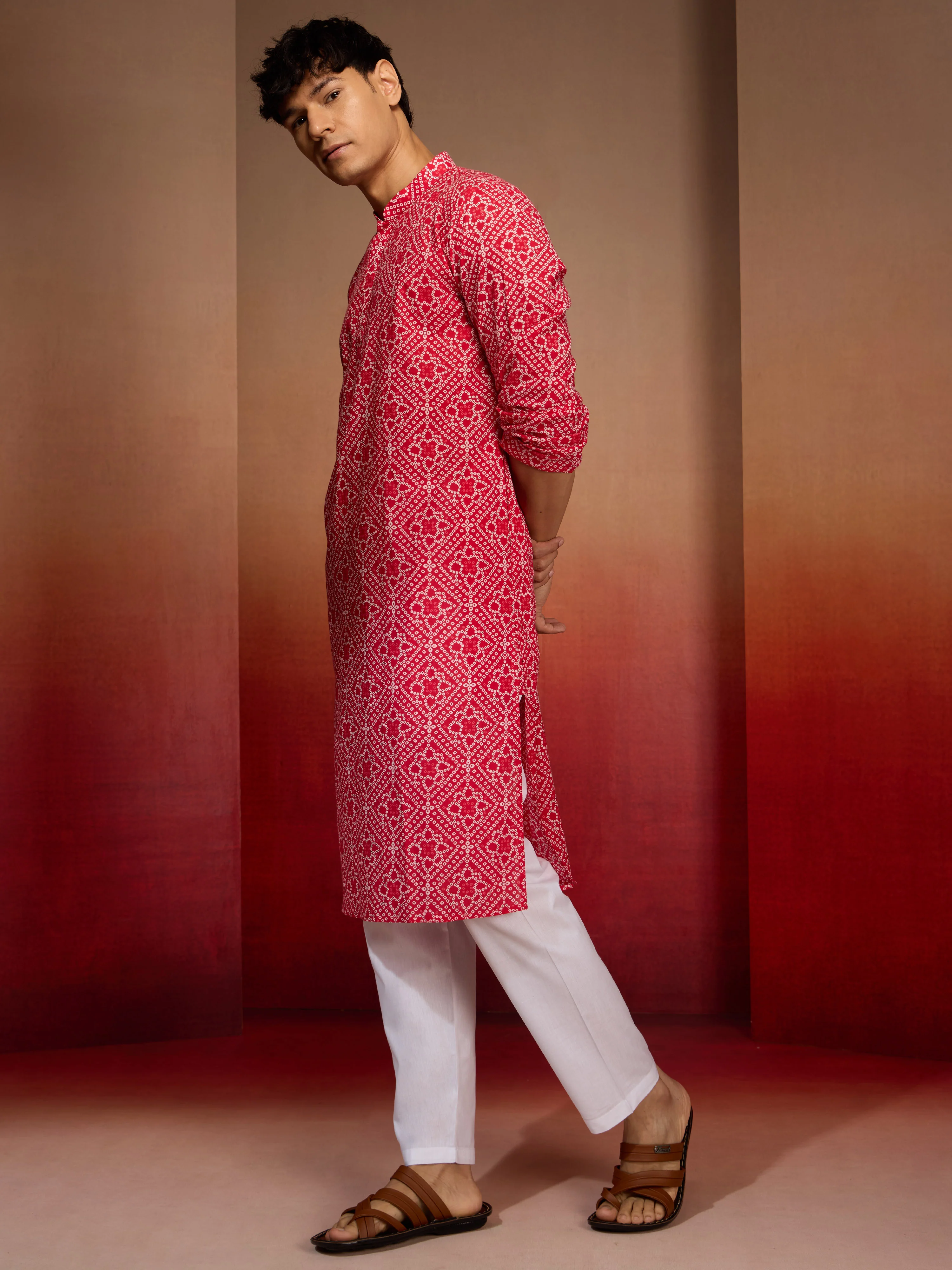 Men's Red Cotton Cambric Bandhani Kurta - Image 7