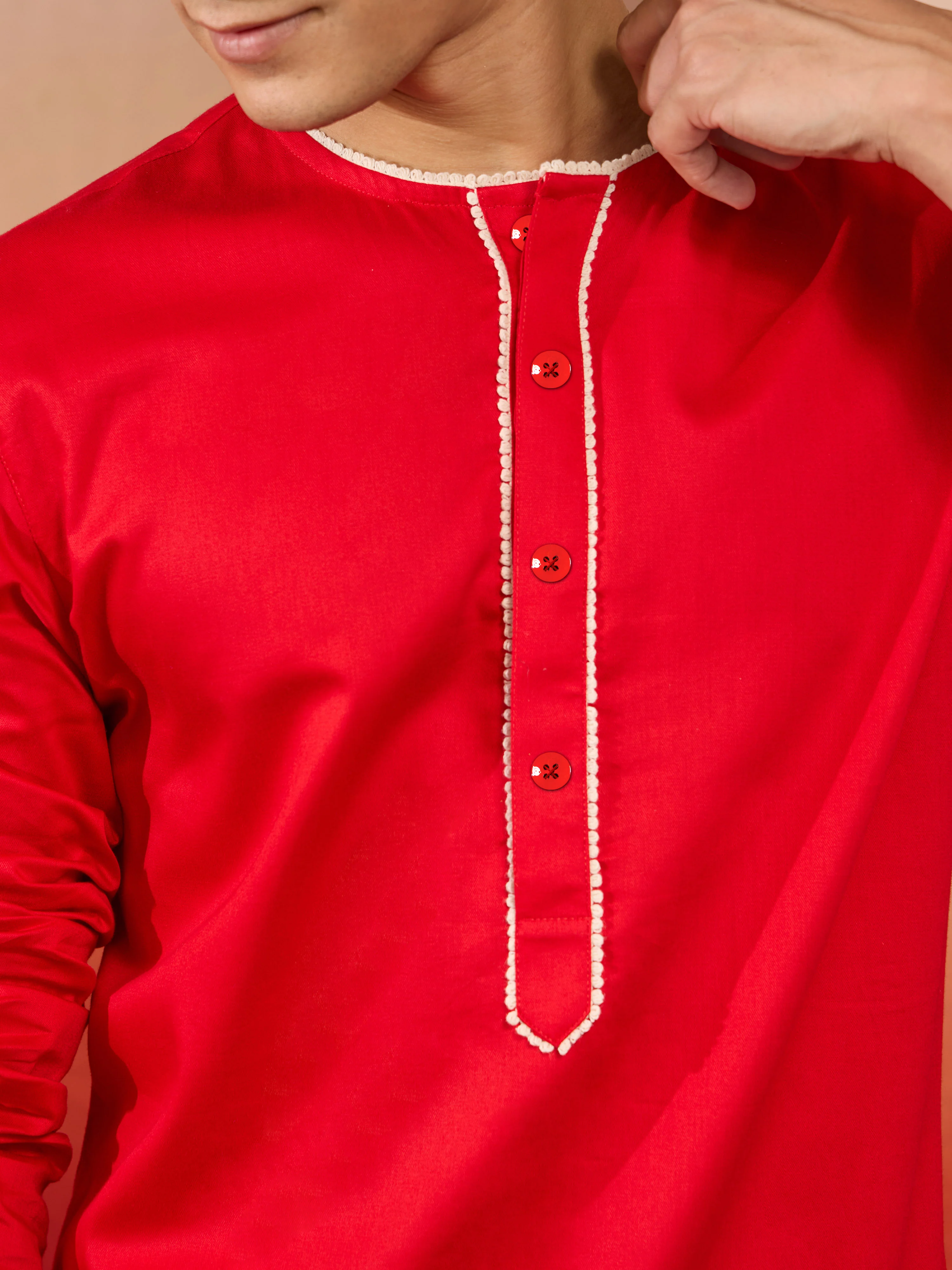 Mens Red Cotton Kurta White Pyjama Set - Image 2