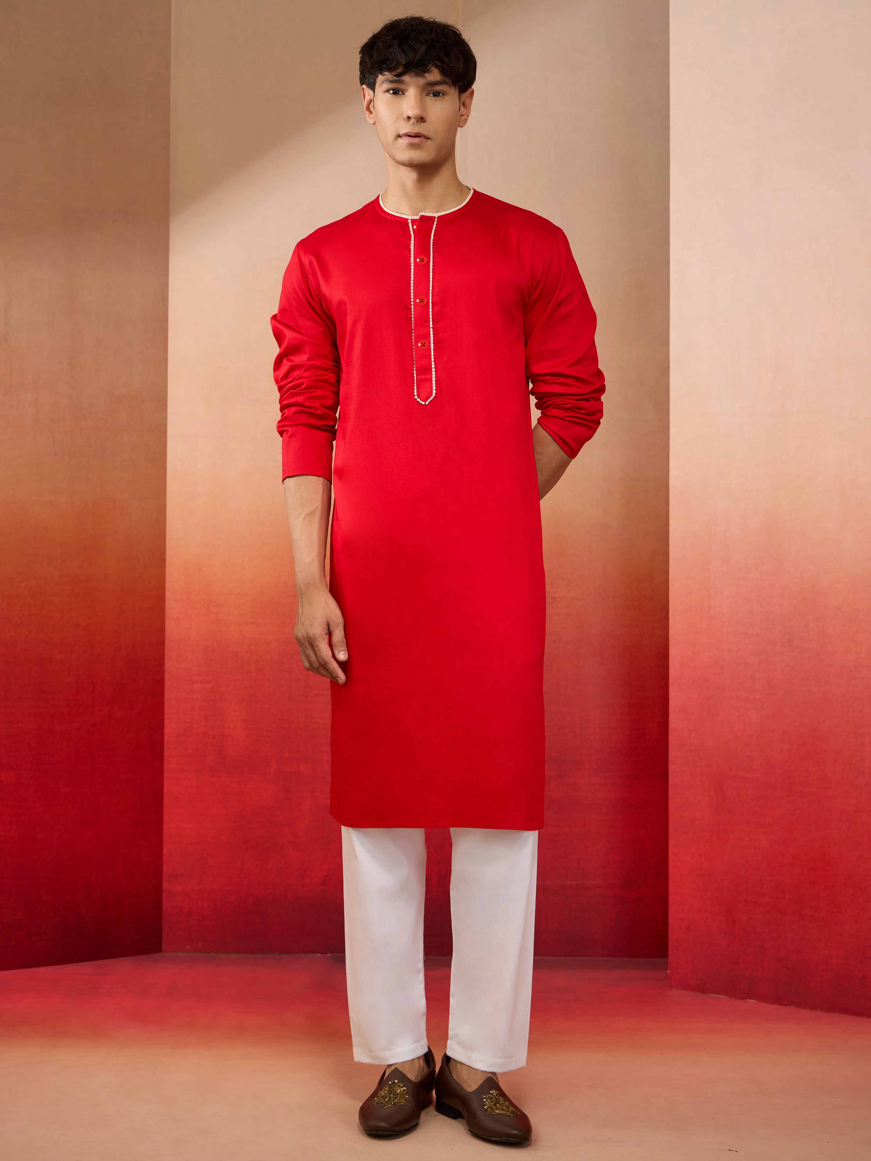Mens Red Cotton Kurta White Pyjama Set - Image 4