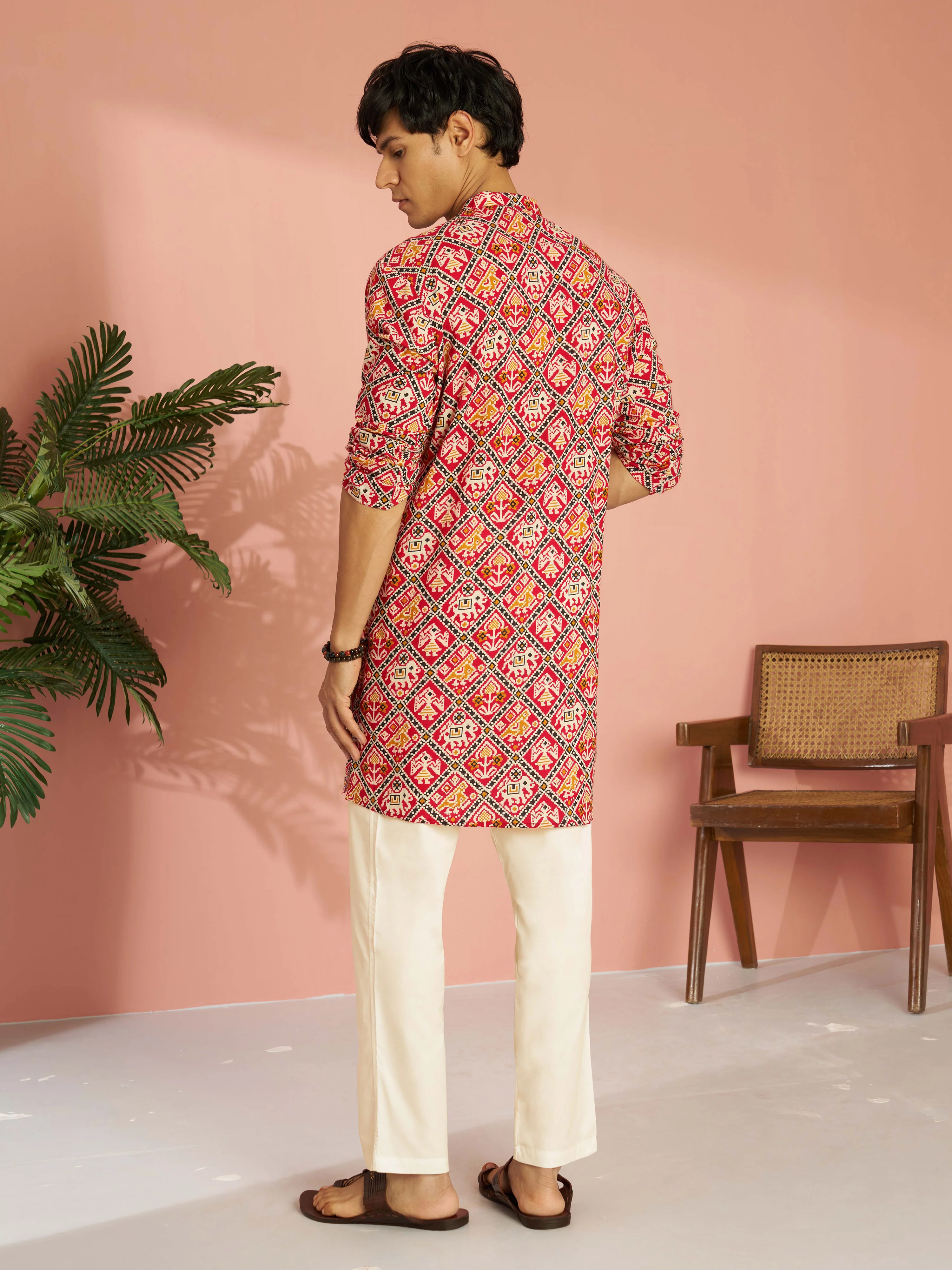 Men's Red Cotton Patola Printed Kurta with Cream Aligarh Pyjama Set - Image 5