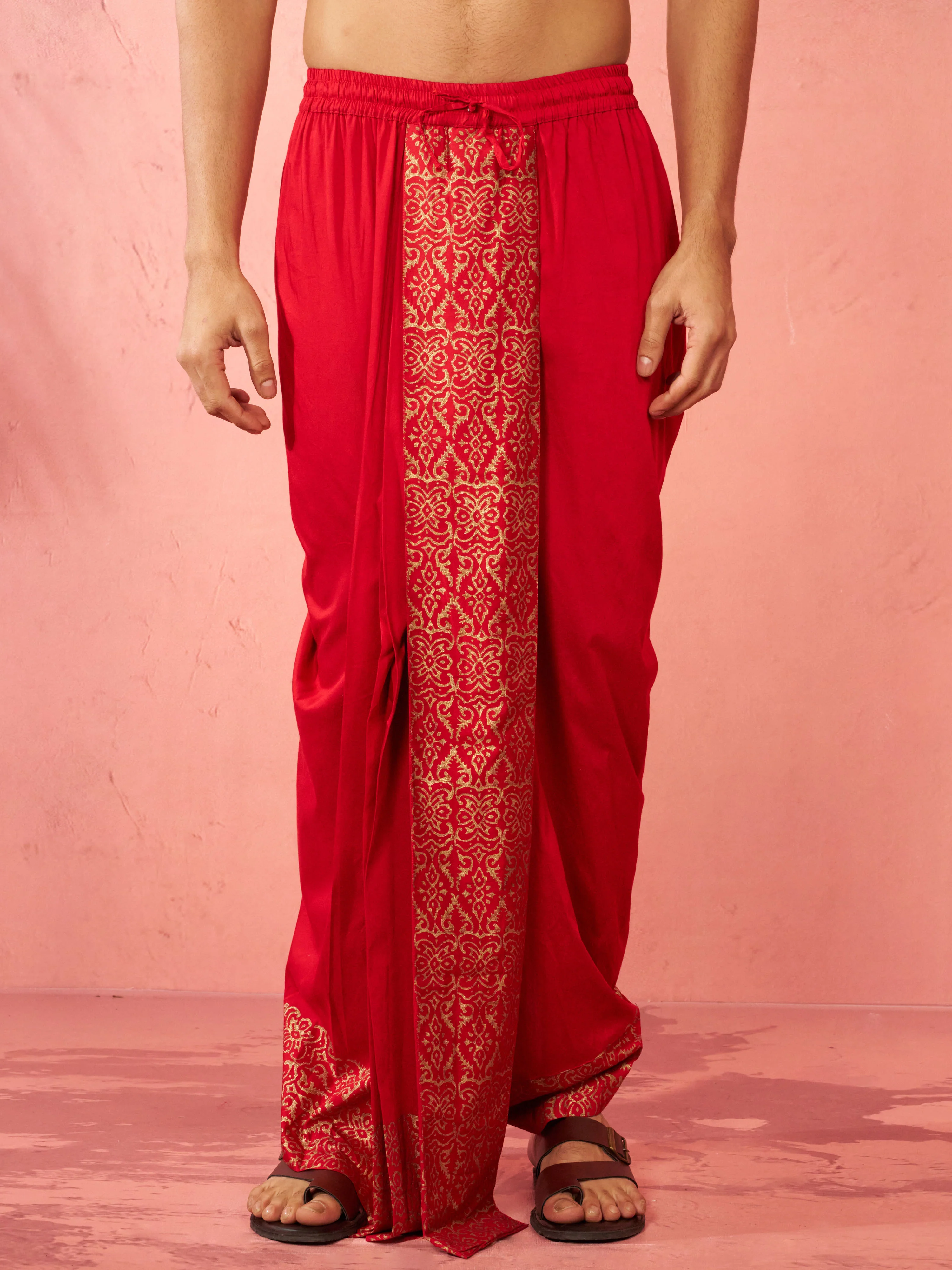 Men's Red Viscose Dhoti Traditional Border Print - Image 3