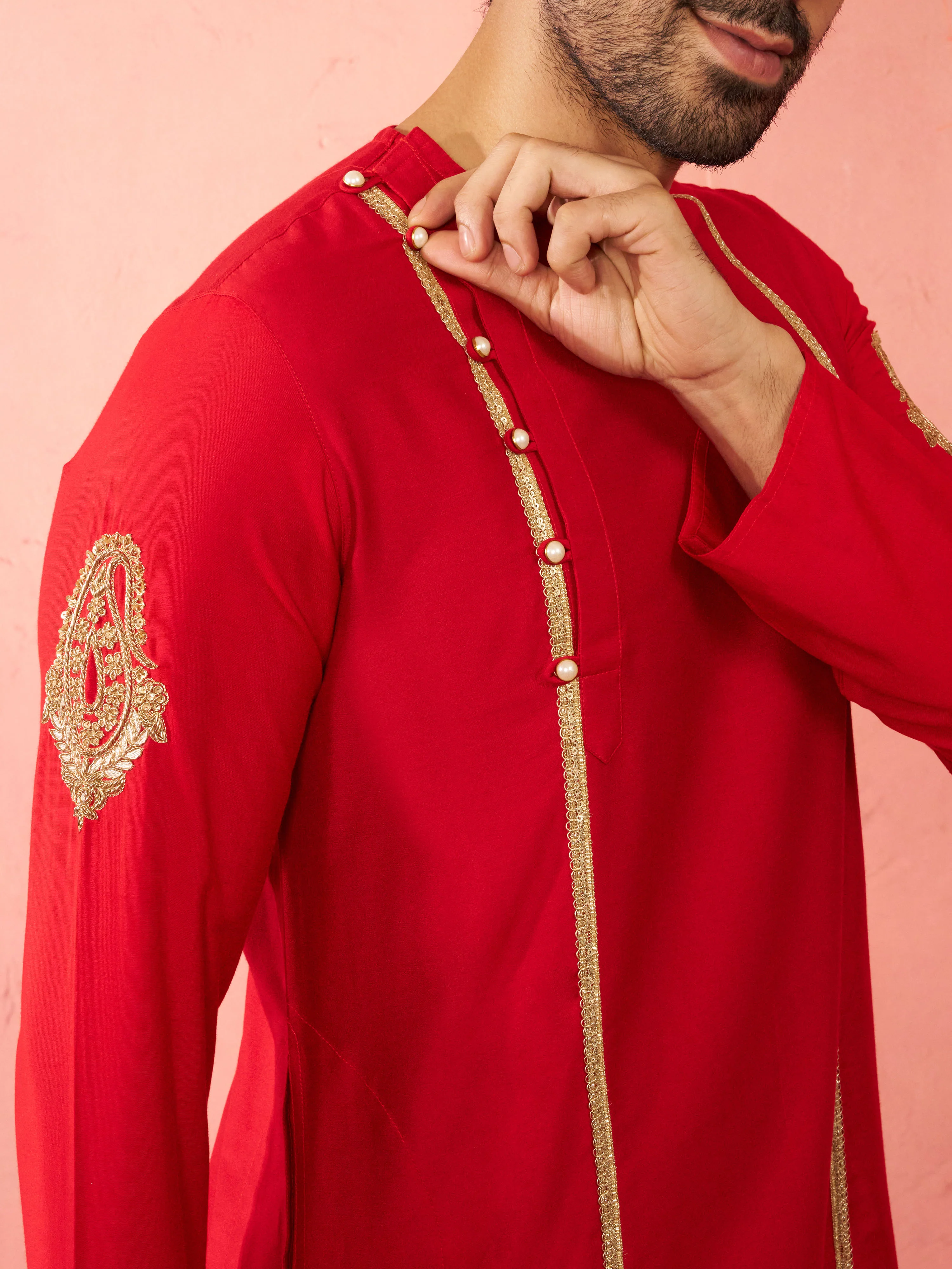 Mens Red Zardozi Kurta Cream Dhoti Set - Image 2
