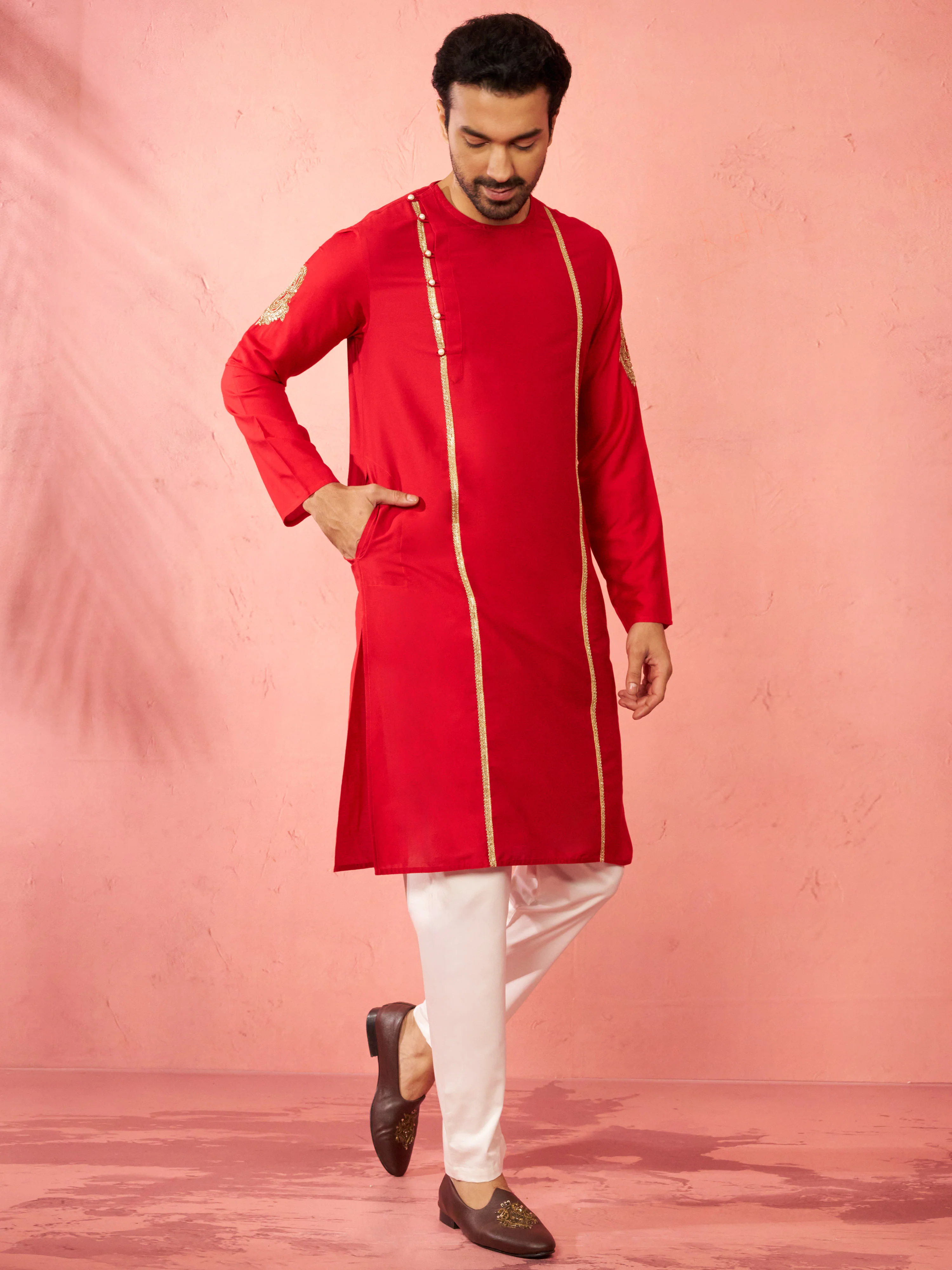 Mens Red Zardozi Kurta Cream Pant Set - Image 4