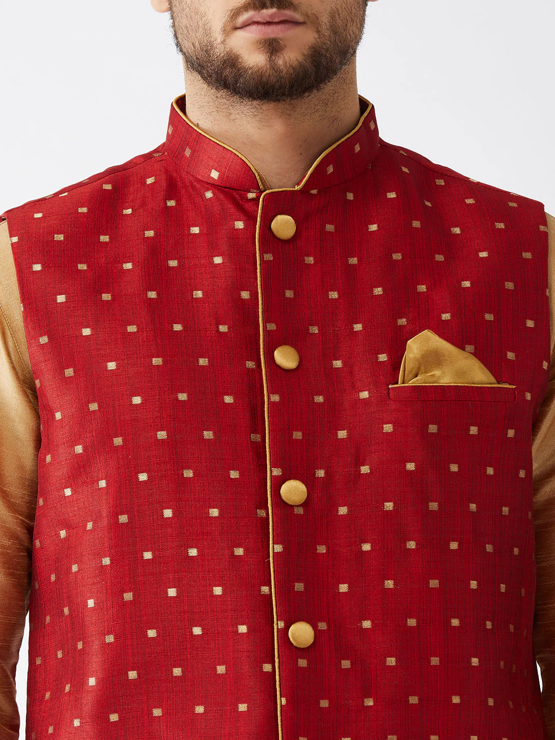 Men's Maroon Zari Weaved Jacket With Kurta Pyjama Set - Image 4
