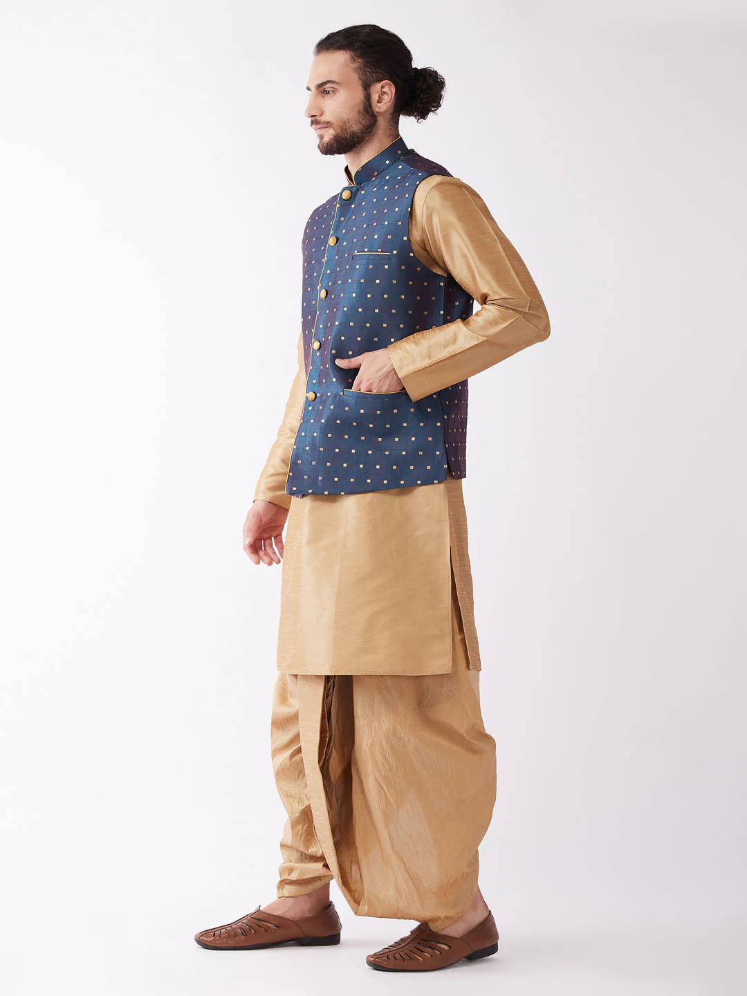 Men's Blue Zari Weaved Jacket With Kurta Dhoti Set - Image 2