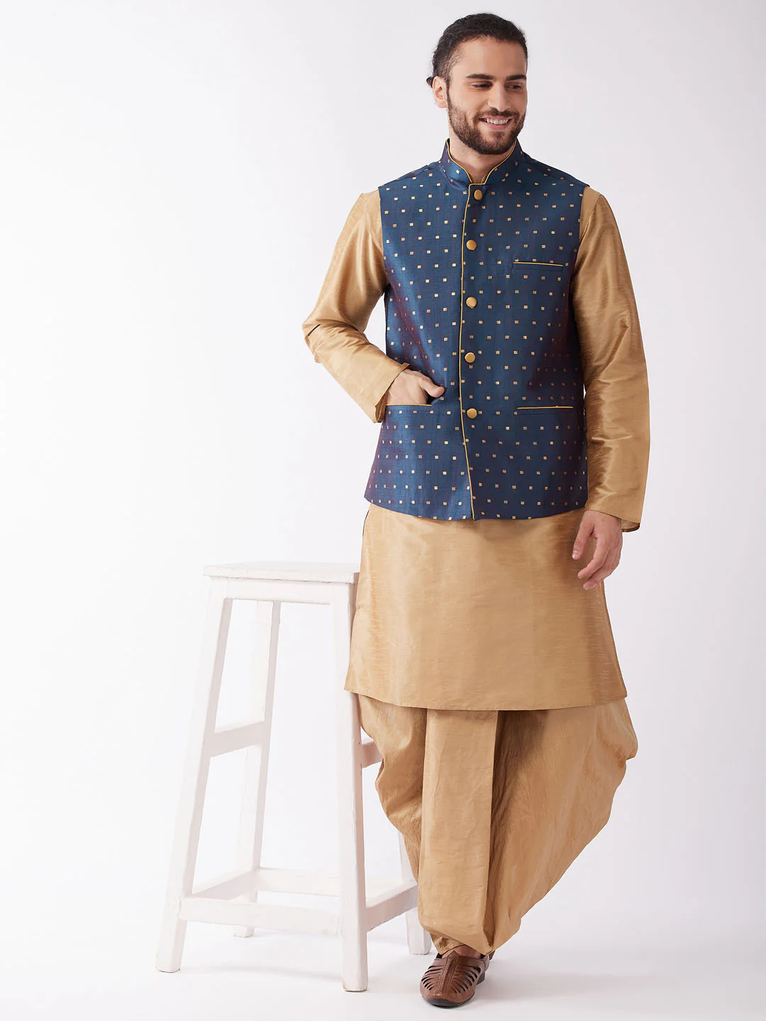 Men's Blue Zari Weaved Jacket With Kurta Dhoti Set - Image 6