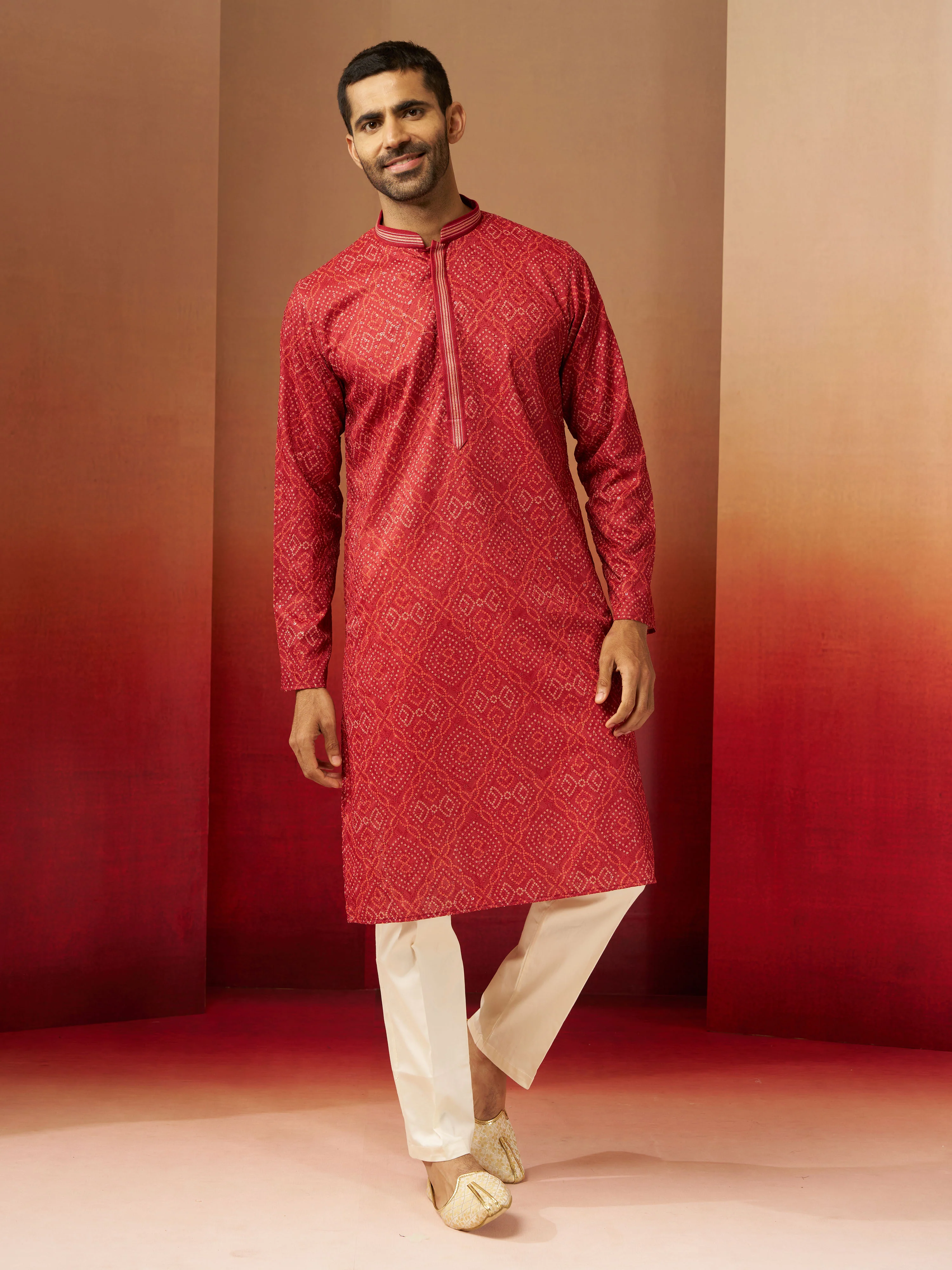 Men's Rust Bandhani Kurta with Pyjama - Image 3