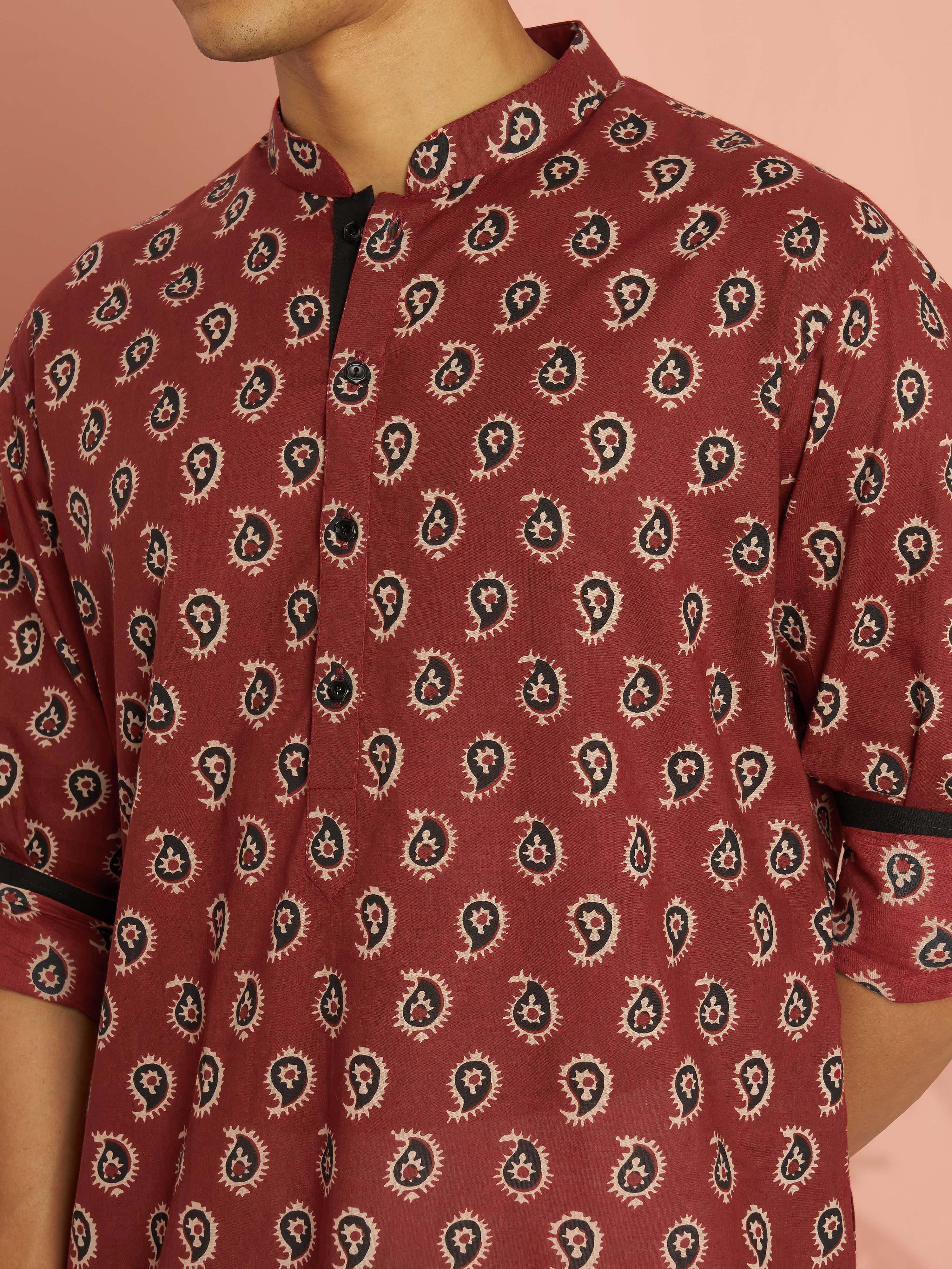 Men's Rust Cotton Paisley Printed Cuffed Sleeve Kurta with White Pyjama Set - Image 2