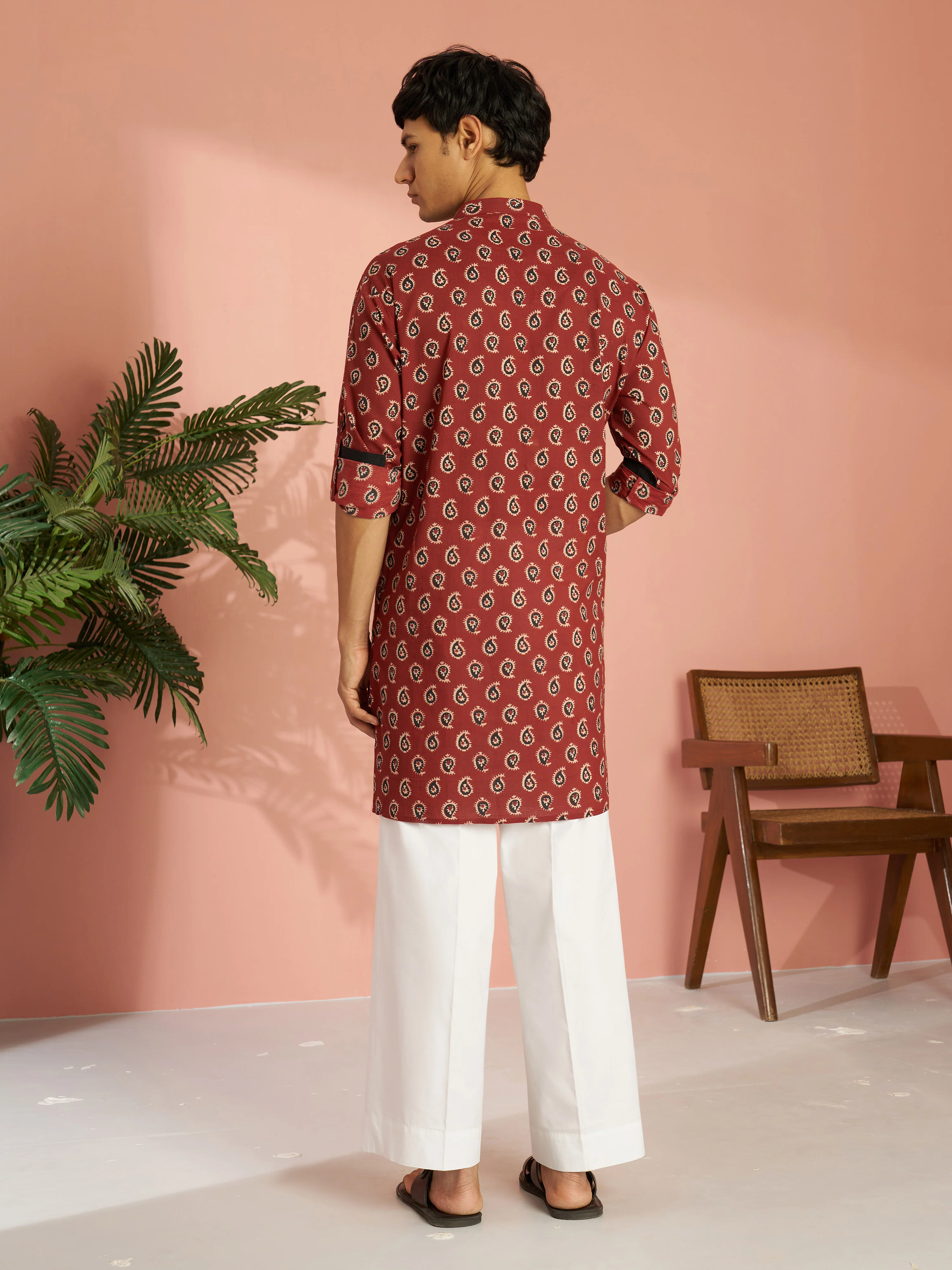 Men's Rust Cotton Paisley Printed Cuffed Sleeve Kurta with White Wide Leg Pant Set - Image 5