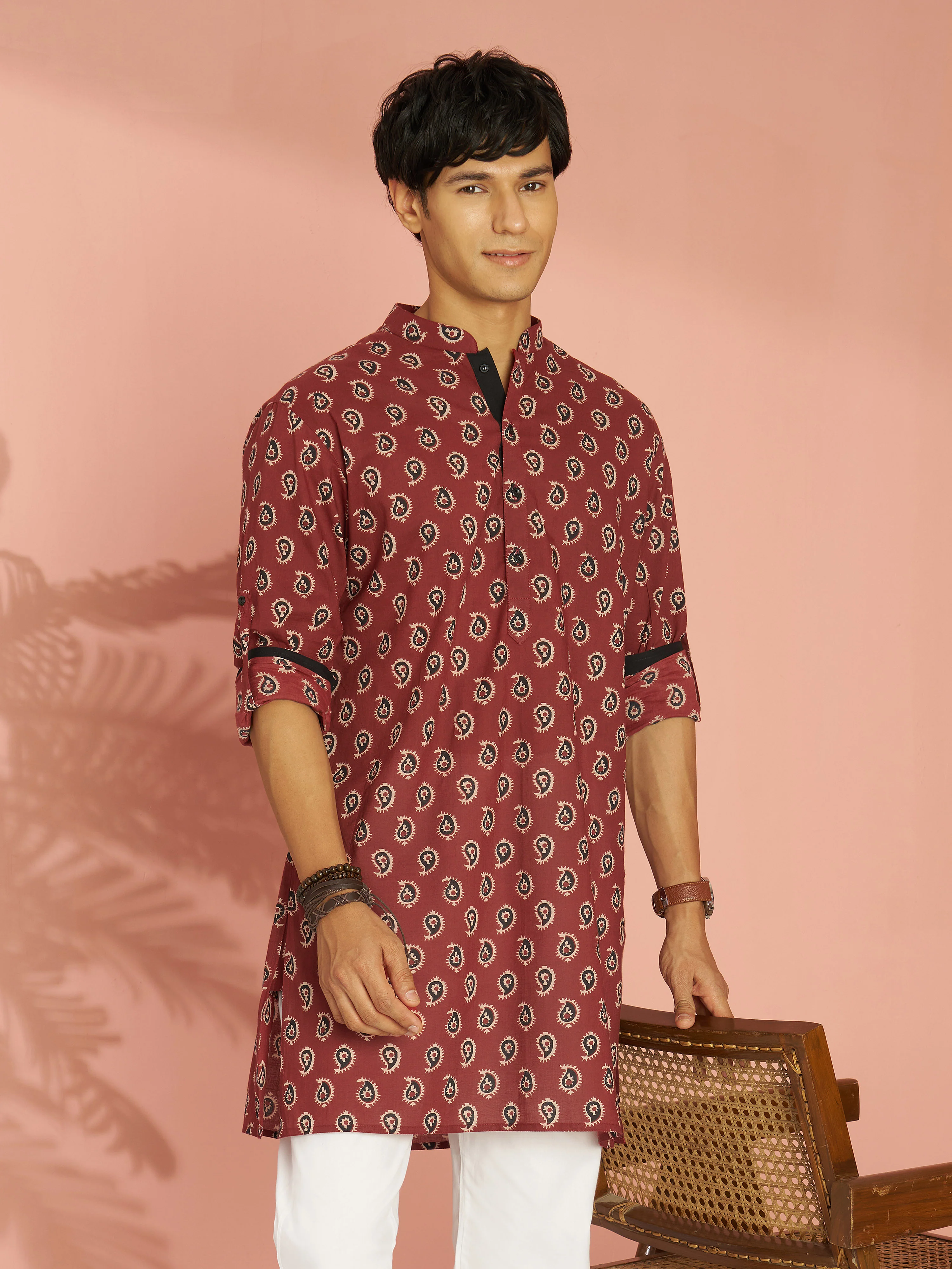 Men's Rust Cotton Paisley Printed Mid-Length Kurta with Cuffed Sleeves