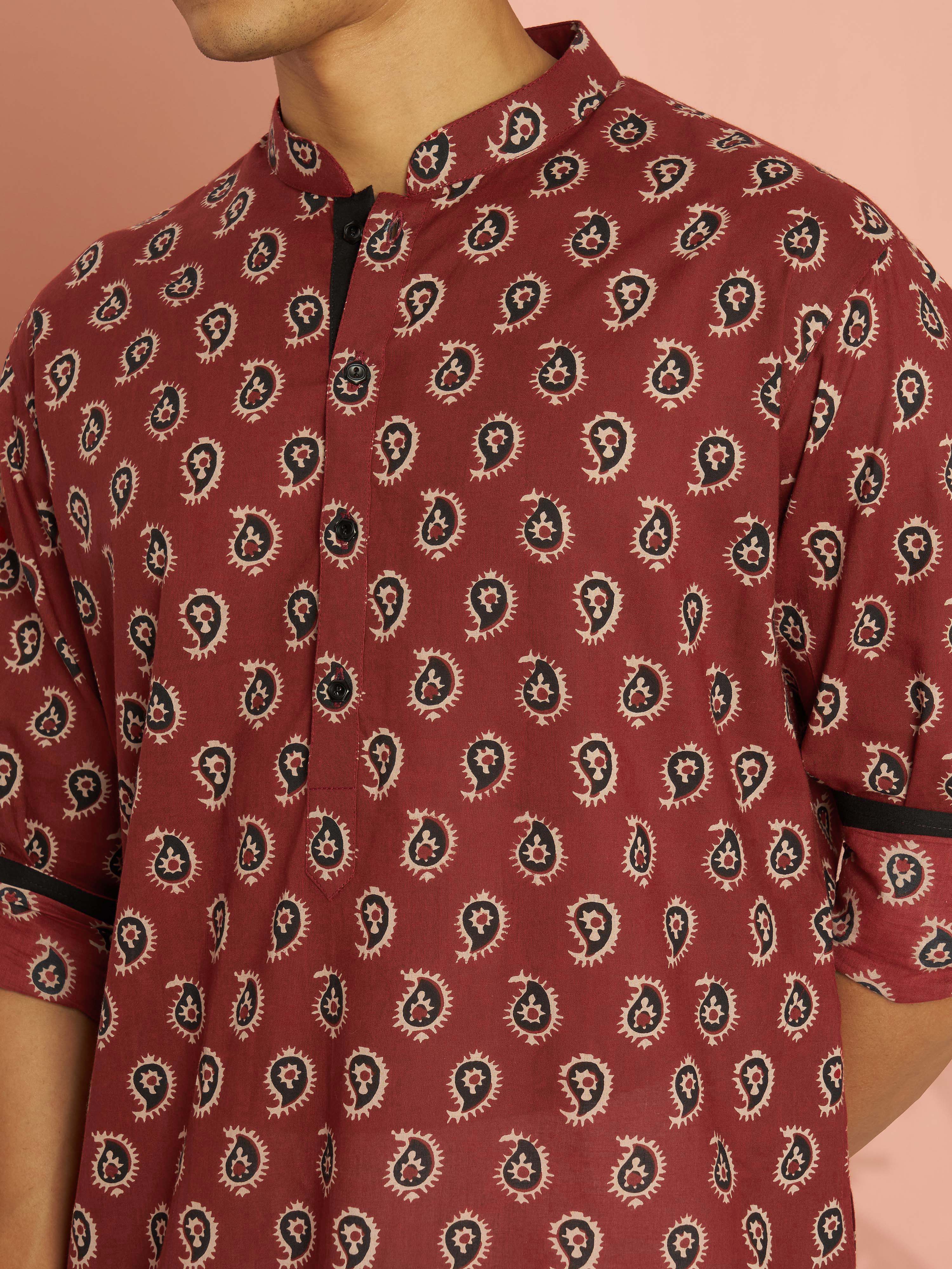 Men's Rust Cotton Paisley Printed Mid-Length Kurta with Cuffed Sleeves - Image 2