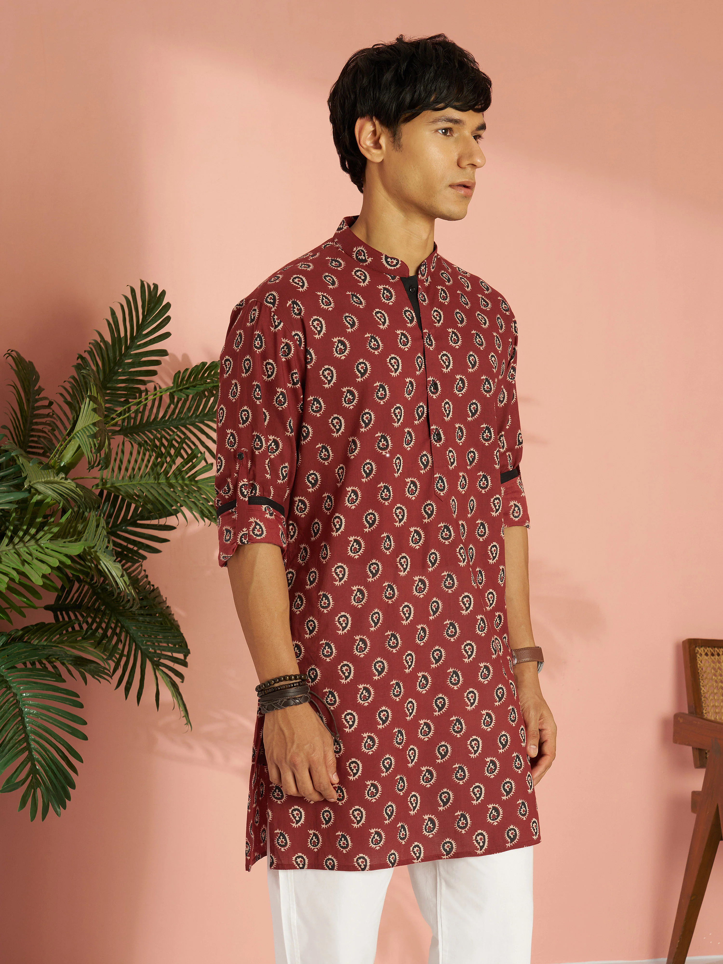 Men's Rust Cotton Paisley Printed Mid-Length Kurta with Cuffed Sleeves - Image 3