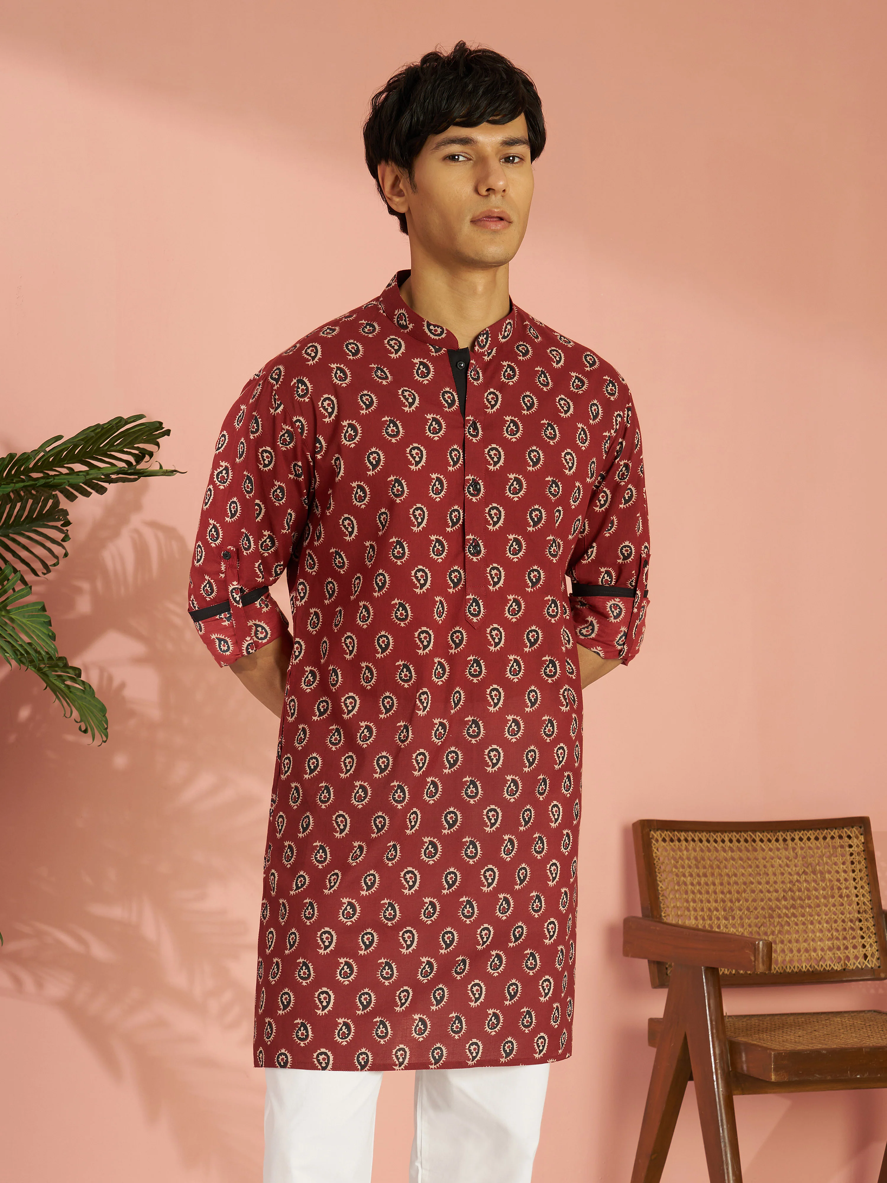 Men's Rust Cotton Paisley Printed Mid-Length Kurta with Cuffed Sleeves - Image 4