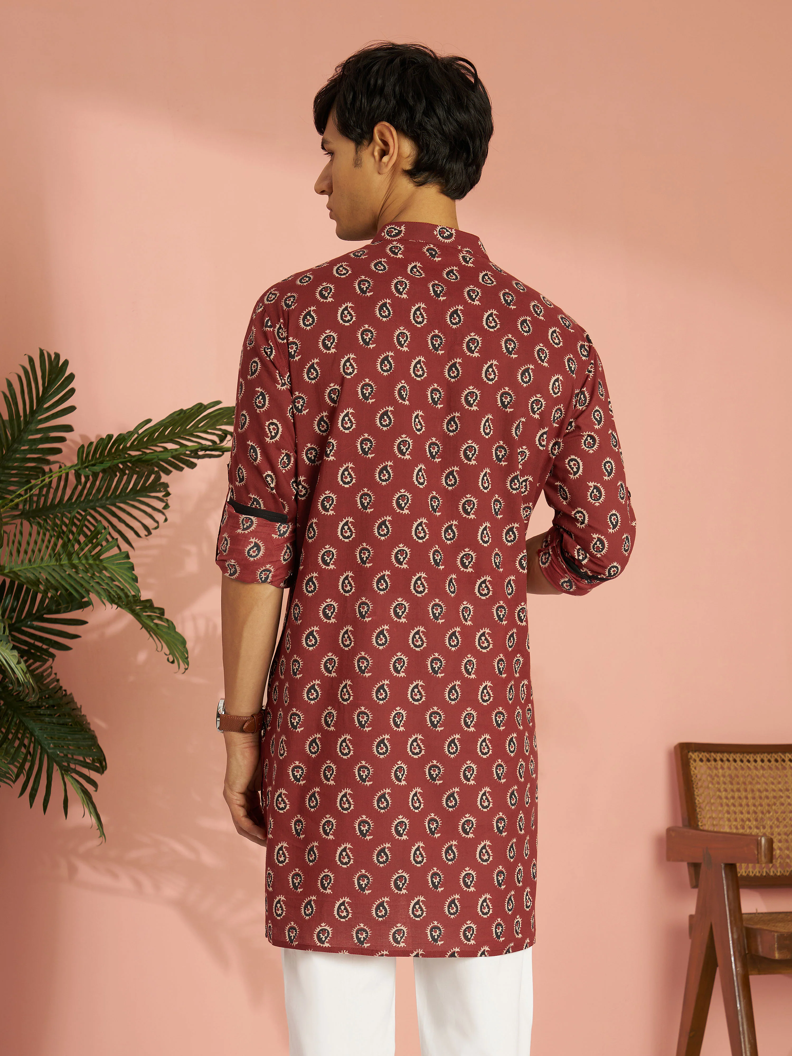 Men's Rust Cotton Paisley Printed Mid-Length Kurta with Cuffed Sleeves - Image 5