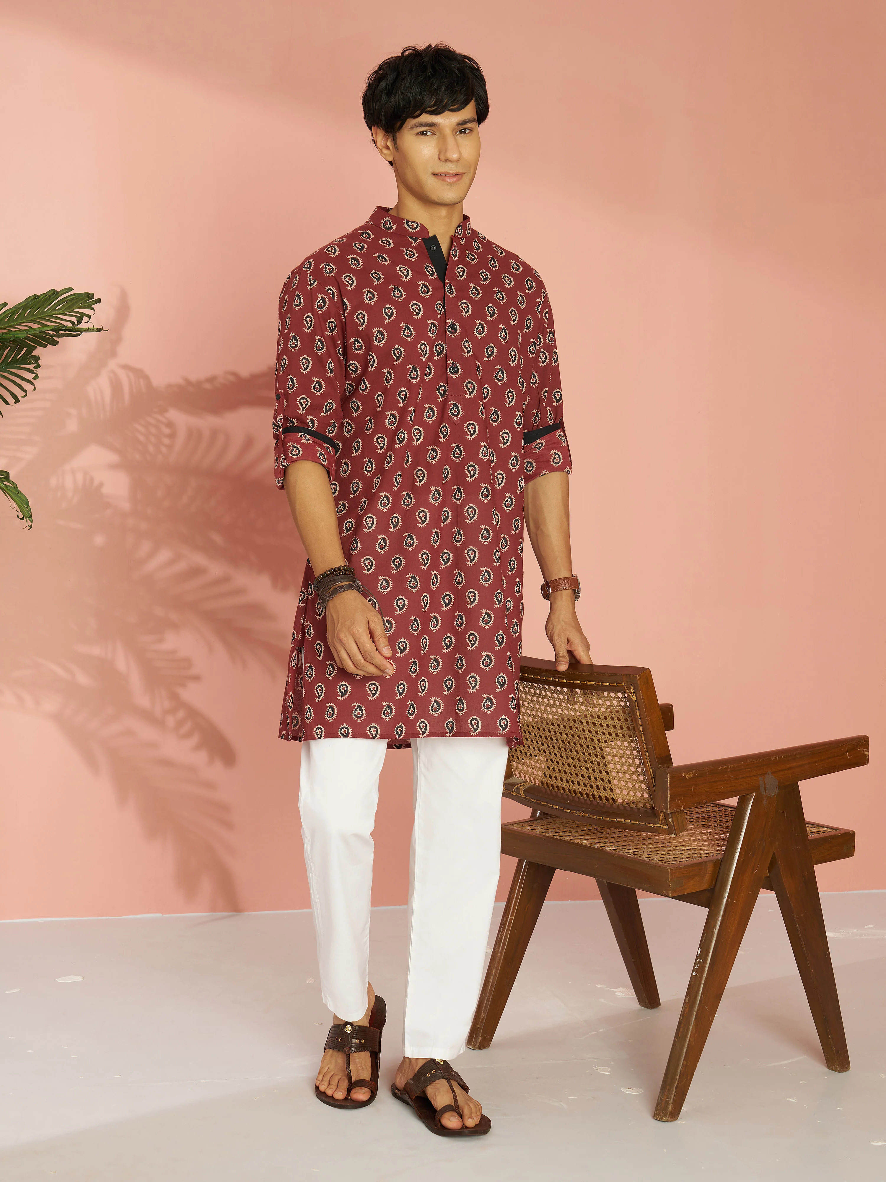 Men's Rust Cotton Paisley Printed Mid-Length Kurta with Cuffed Sleeves - Image 6
