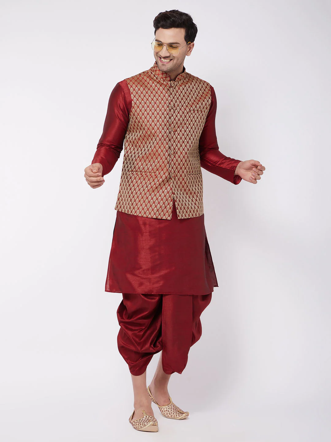 Men's Maroon Silk Blend Jacket With Kurta Dhoti Set