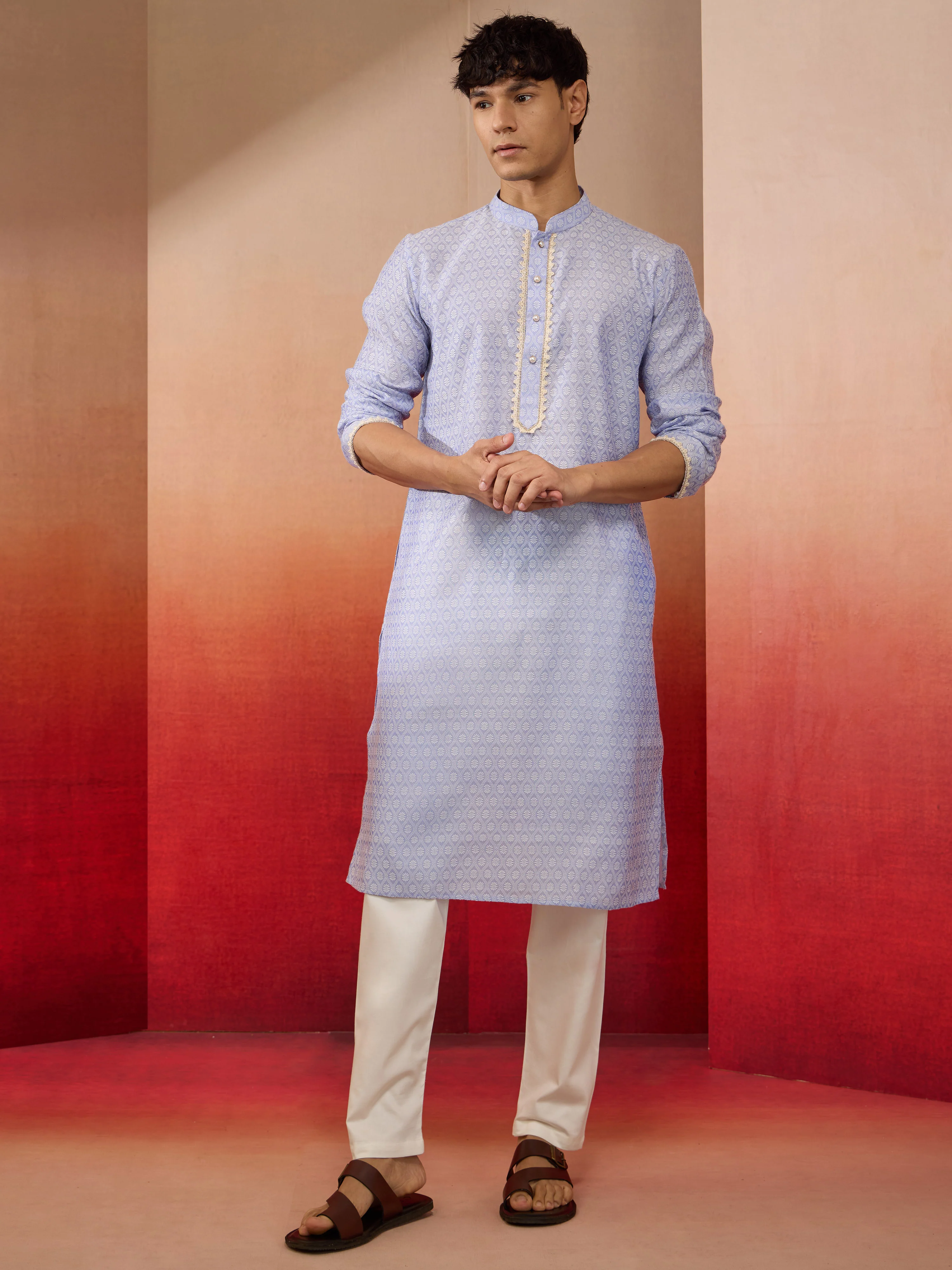 Mens Sky Blue Jacquard Kurta with Pyjama - Image 3