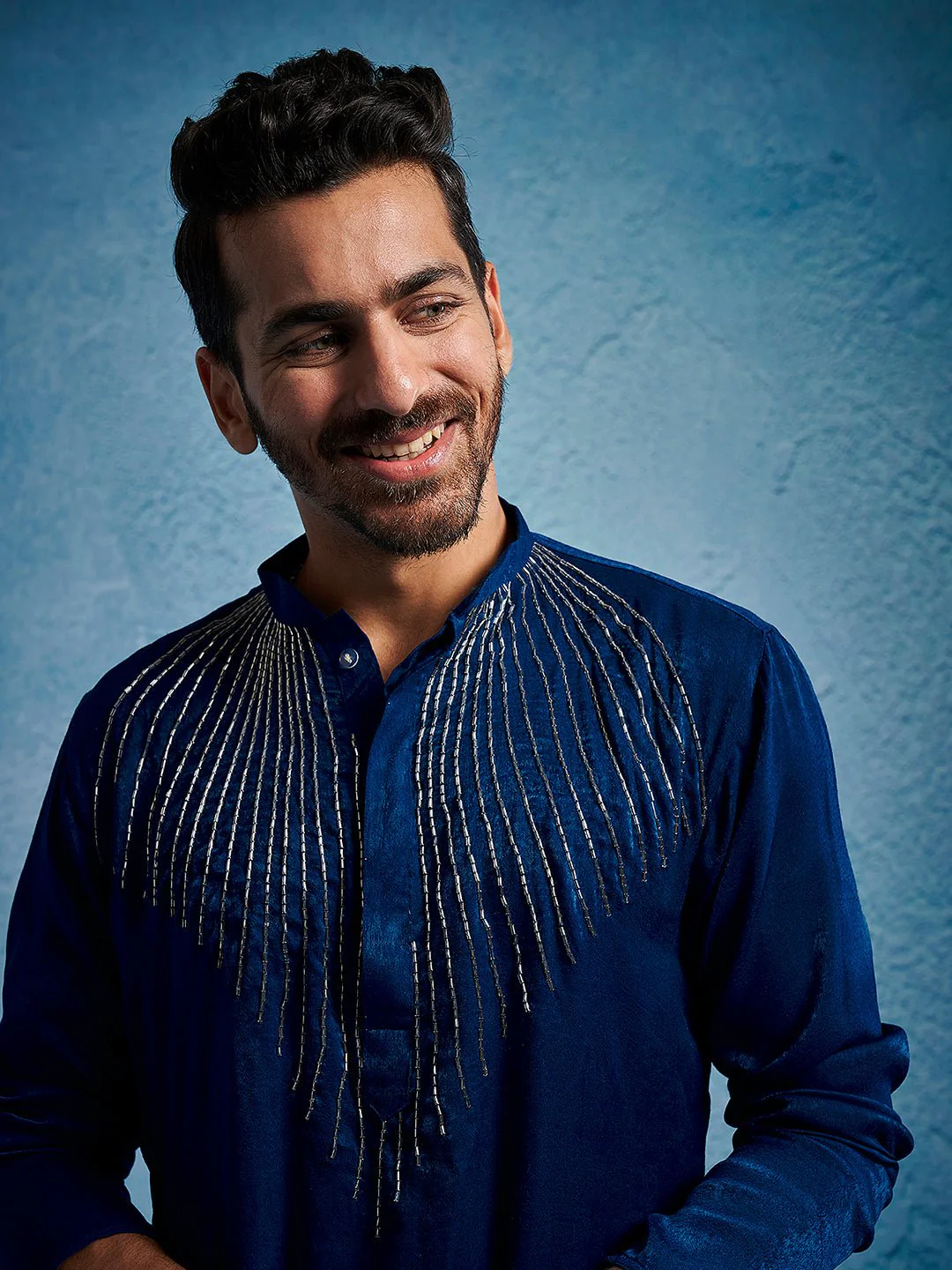 Men's Turquoise Beaded Silk Blend Kurta Pyjama Set - Image 3