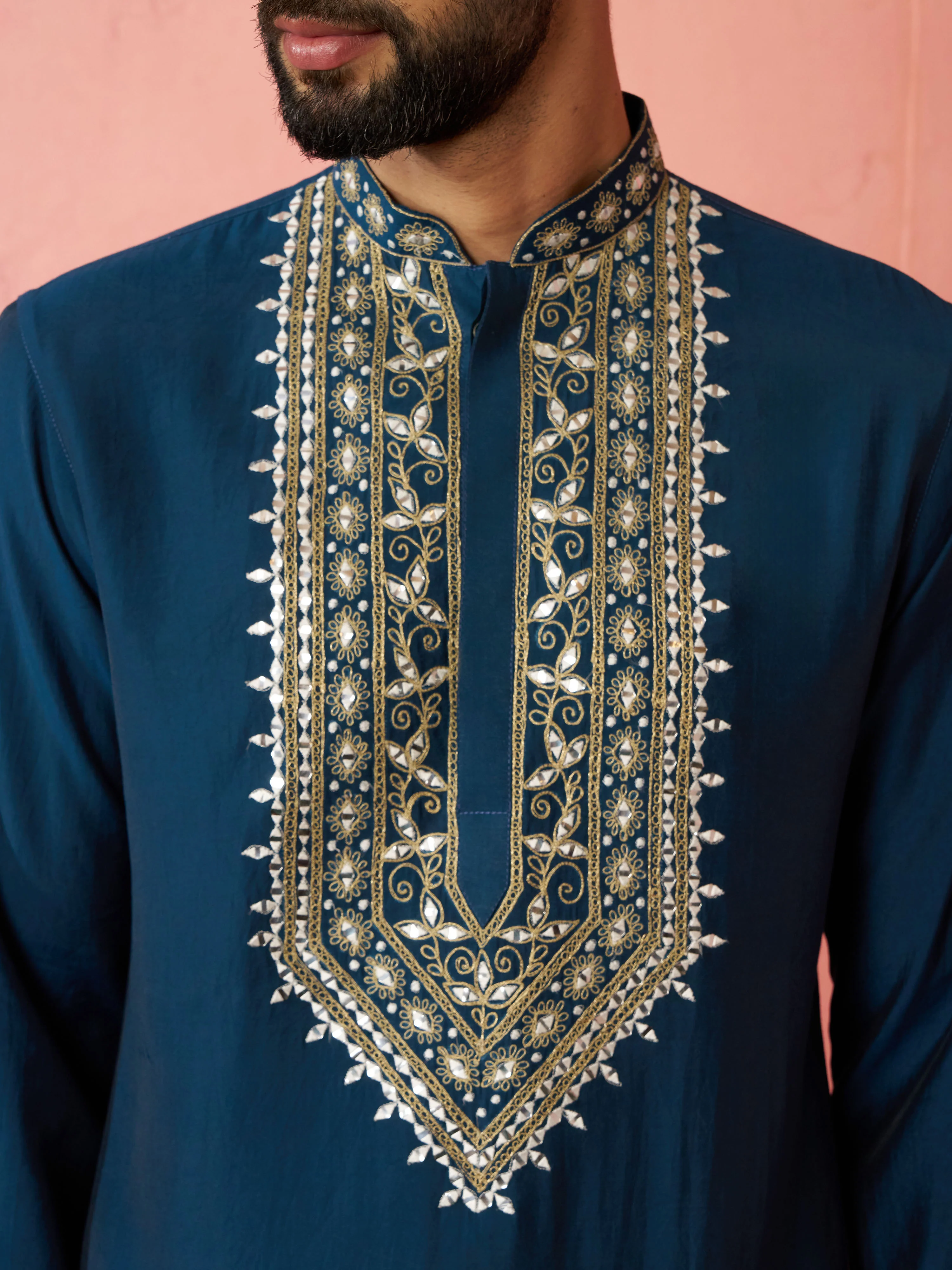 Men's Turquoise Chanderi Kurta Set with Cream Pyjama - Image 2