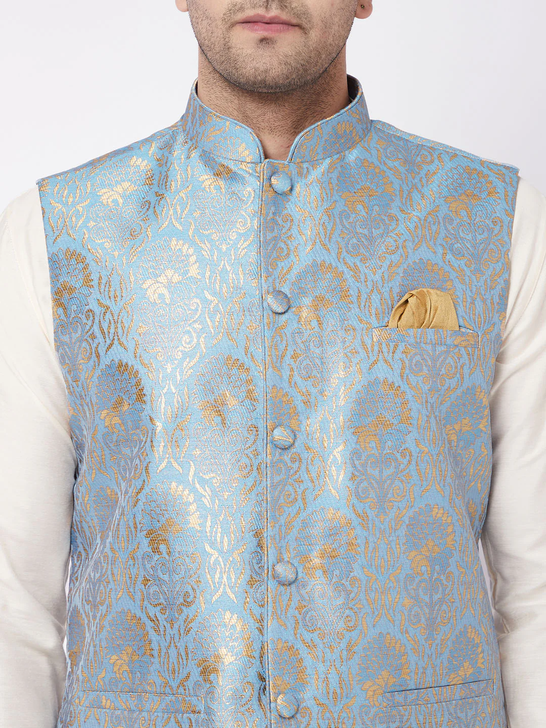 Men's Viscose Cream Kurta And Pyjama With Grey Woven Nehru Jacket - Image 4