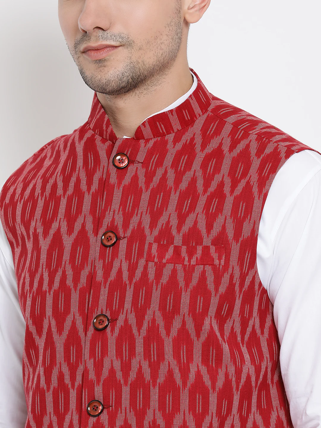 Men's White Cotton Kurta, Maroon Ethnic Jacket and Pyjama Set - Image 3