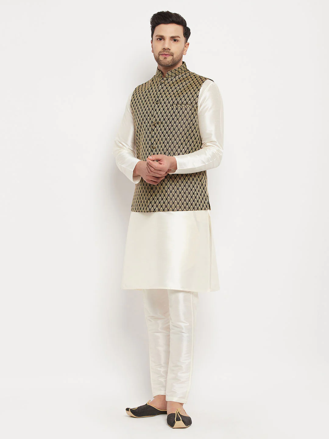 VASTRAMAY Men's Black Silk Blend Jacket With Kurta Pant Set - Image 7
