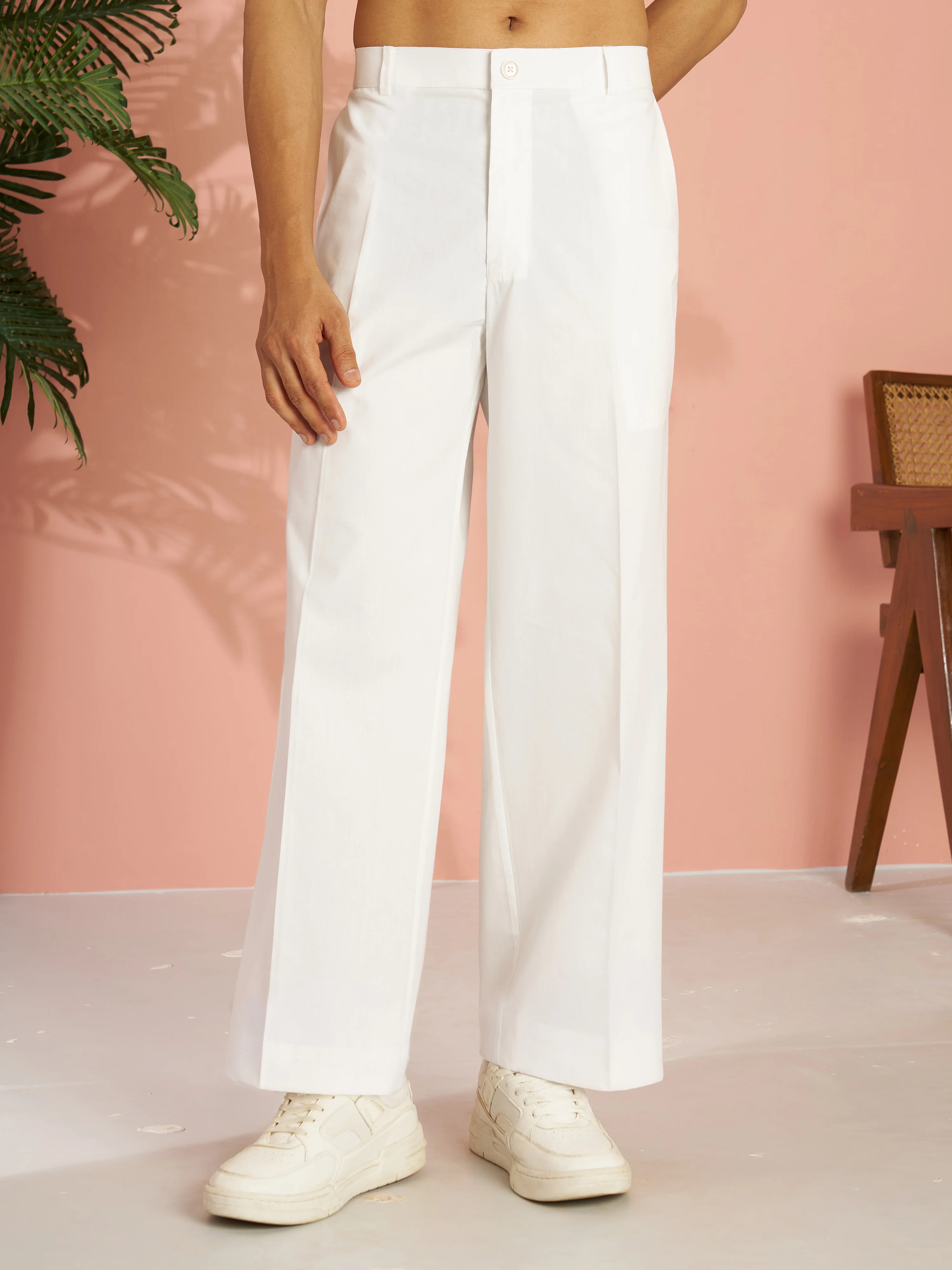Men's White Cotton Solid Wide Leg Pant