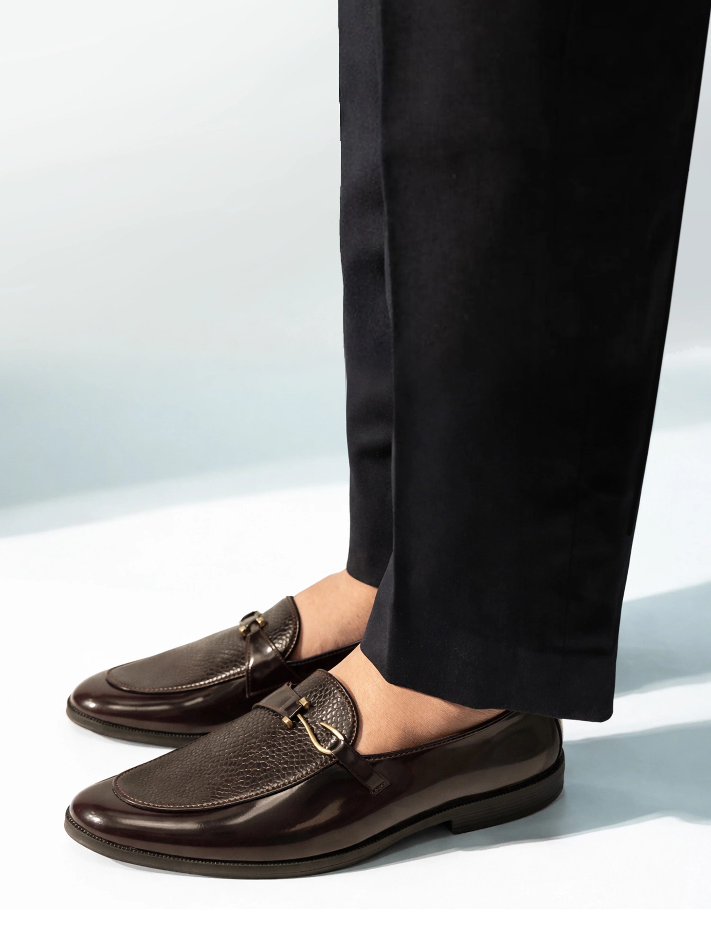 Men's Wine Patent Croc-Embossed Buckle Loafer | Brass-Toned Metallic Strap | High-Shine Finish | Almond Toe | Airmix Sole - Image 3