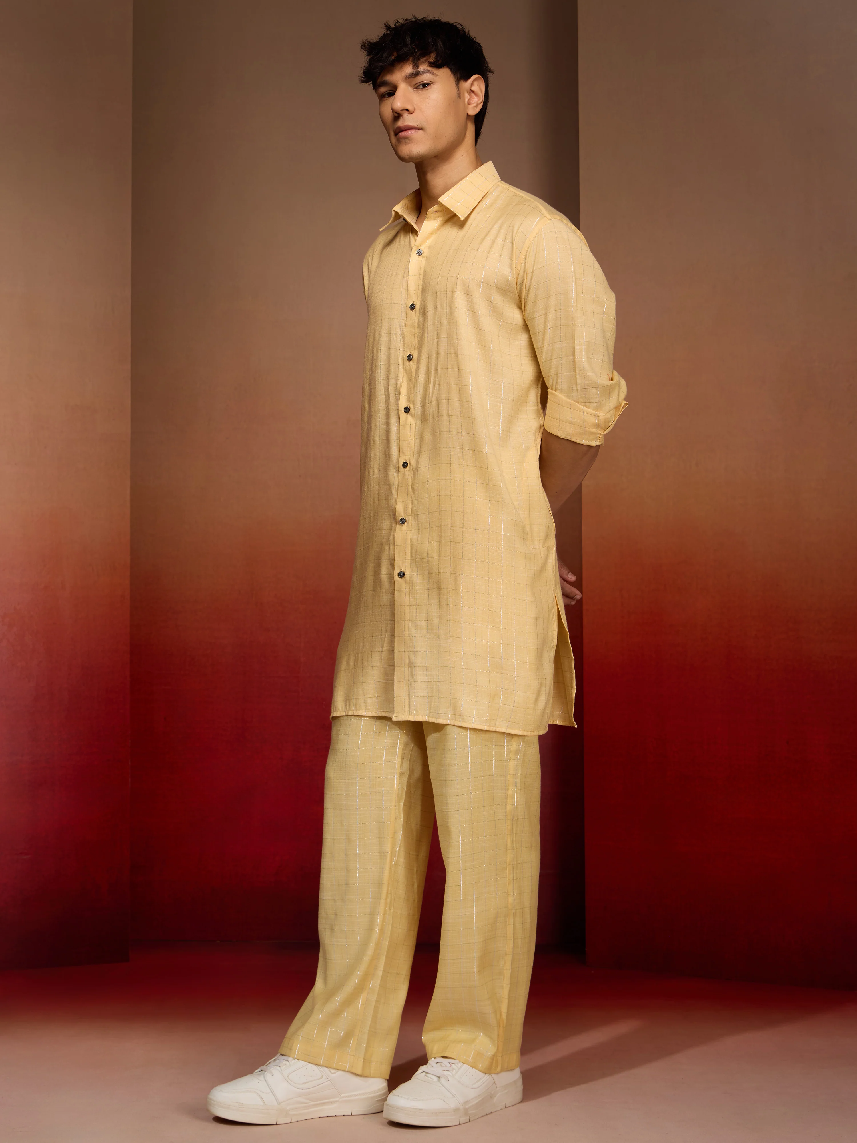 Men's Yellow Cotton Geometric Kurta Palazzo Set - Image 4